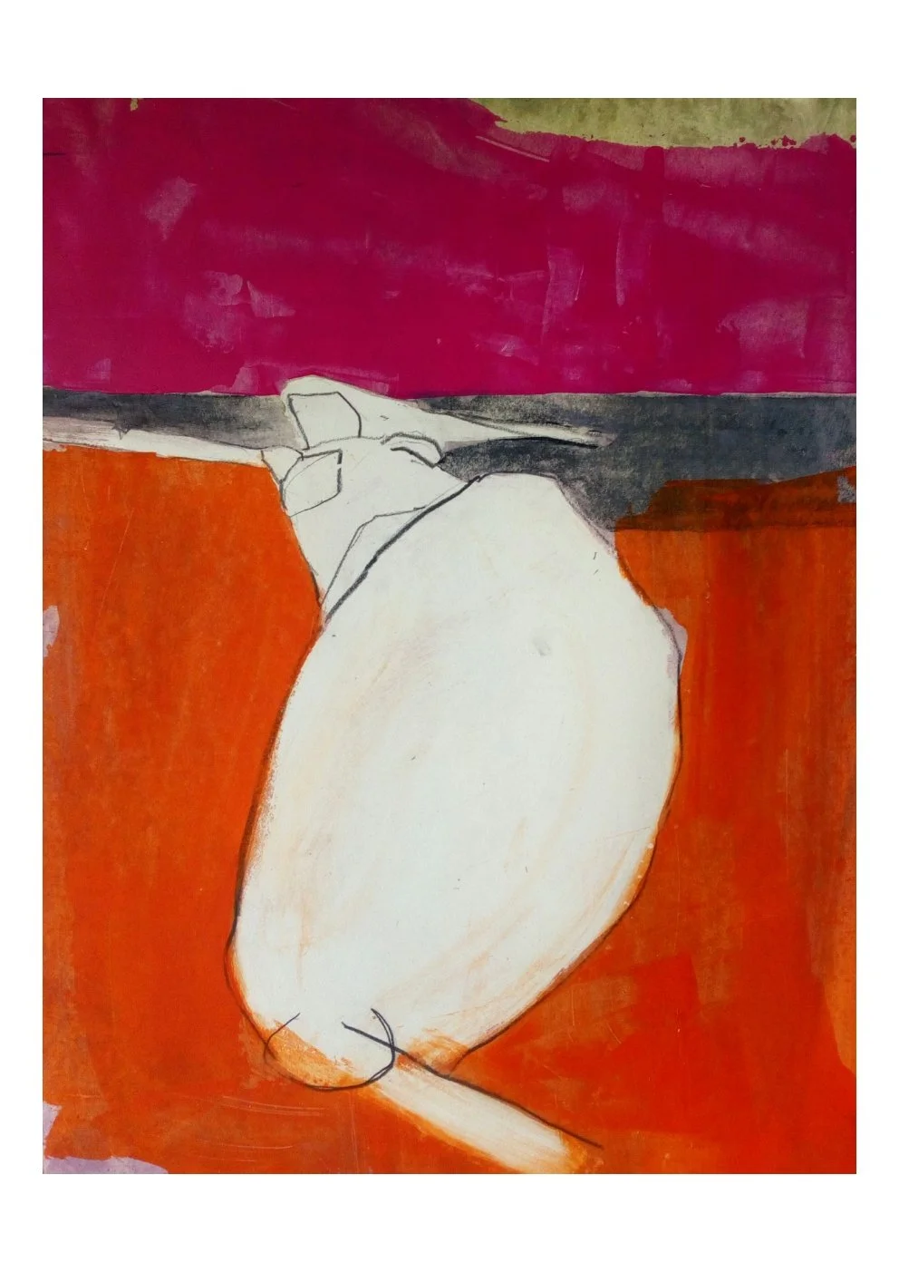 An abstract painting of a white mouse with a long tail on an orange background, with a purple and black horizontal strip at the top.