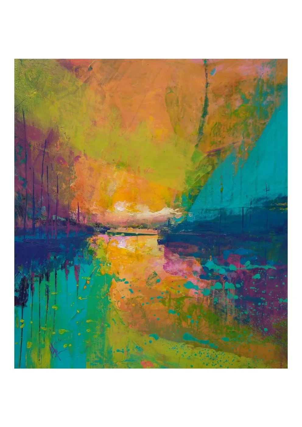 Abstract colorful painting featuring a mix of vibrant colors including green, orange, pink, blue, and purple with splashes and strokes that resemble a landscape scene with water and sky reflections.