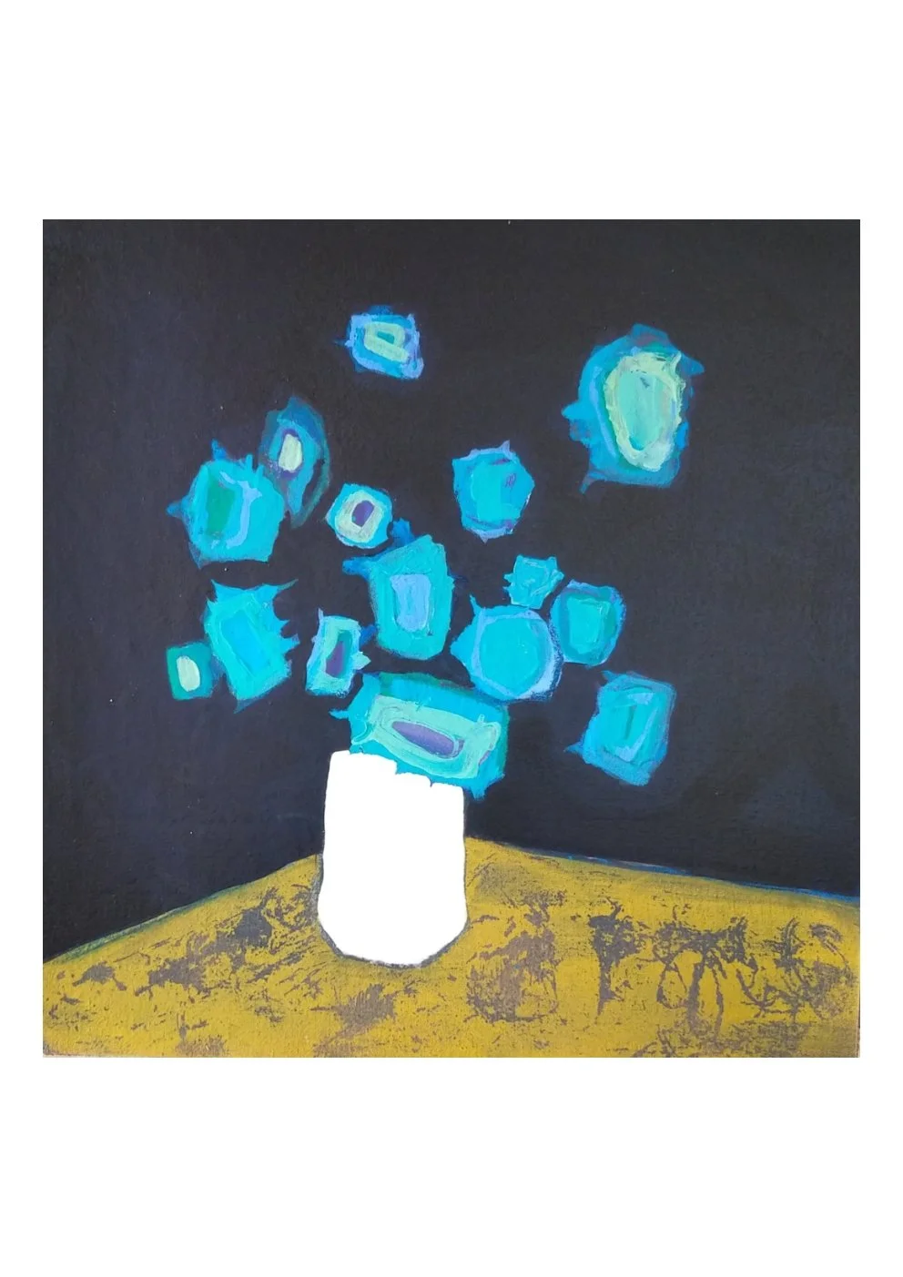 Abstract painting of a white vase on a yellow surface with blue geometric shapes floating above it against a black background.