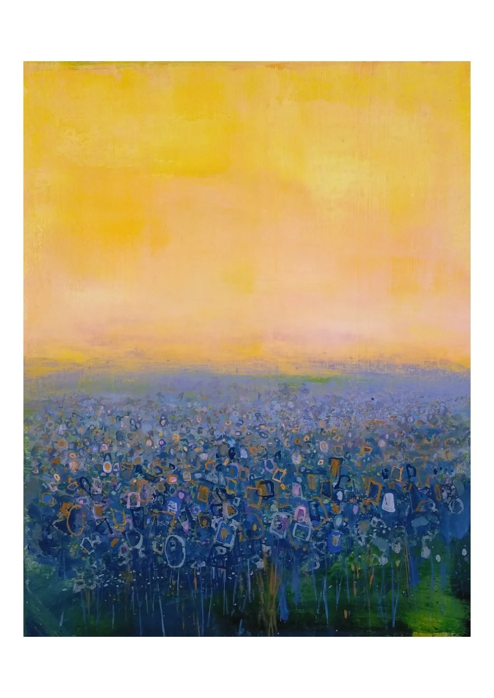 An abstract painting of a field of blue and purple flowers beneath a yellow-orange sky.