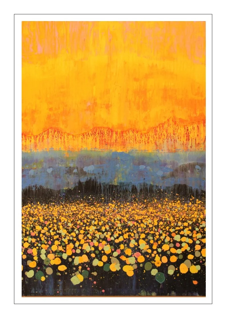 Abstract painting depicting a vibrant yellow and orange sky above a landscape of dark mountains and colorful dandelions in the foreground.