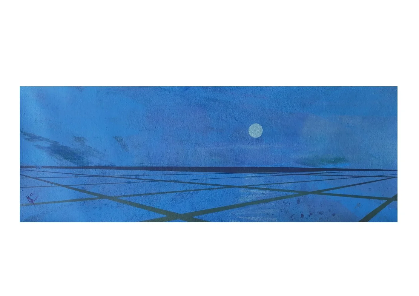 Minimalist painting of a blue sky with a full moon and intersecting dark lines on a blue background.