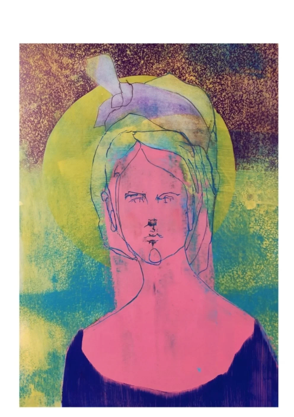 A colorful abstract illustration of a woman's face and shoulders, with layered line drawings and vibrant background.