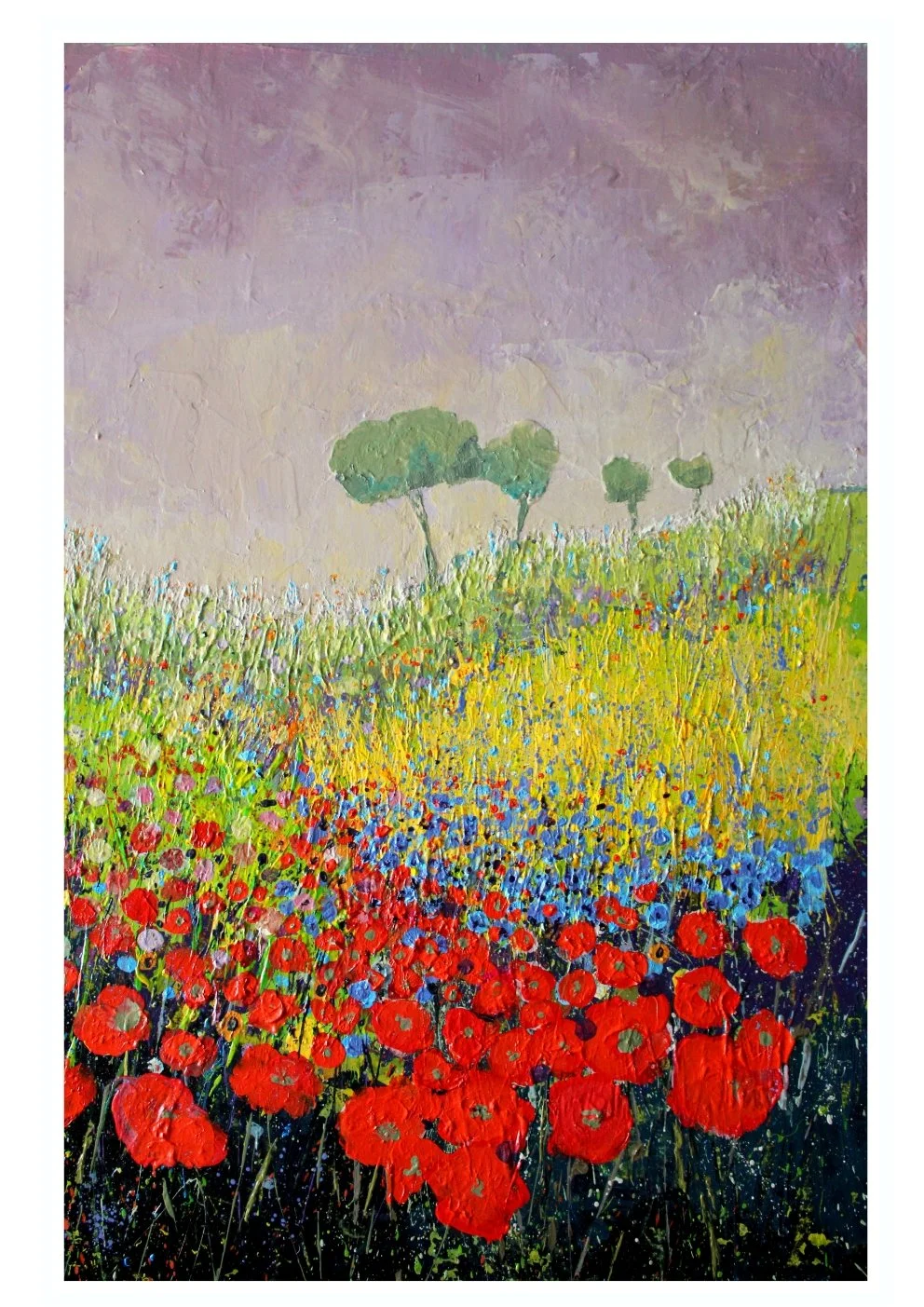 An impressionist-style painting of a colorful field of wildflowers with green trees in the background and a purple sky.