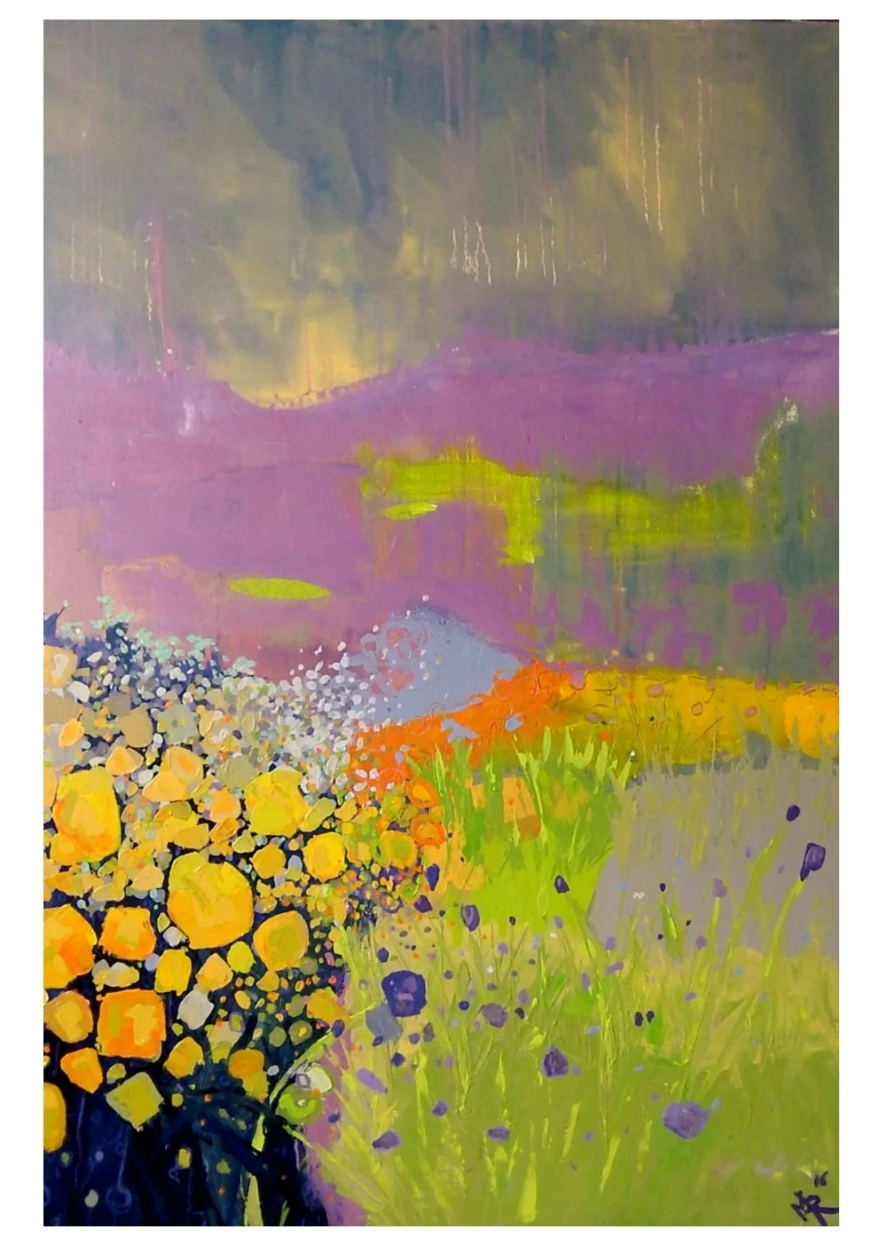 A colorful abstract painting of a landscape with purple fields, green grass, and clusters of yellow and orange flowers in the foreground, with a cloudy sky overhead.