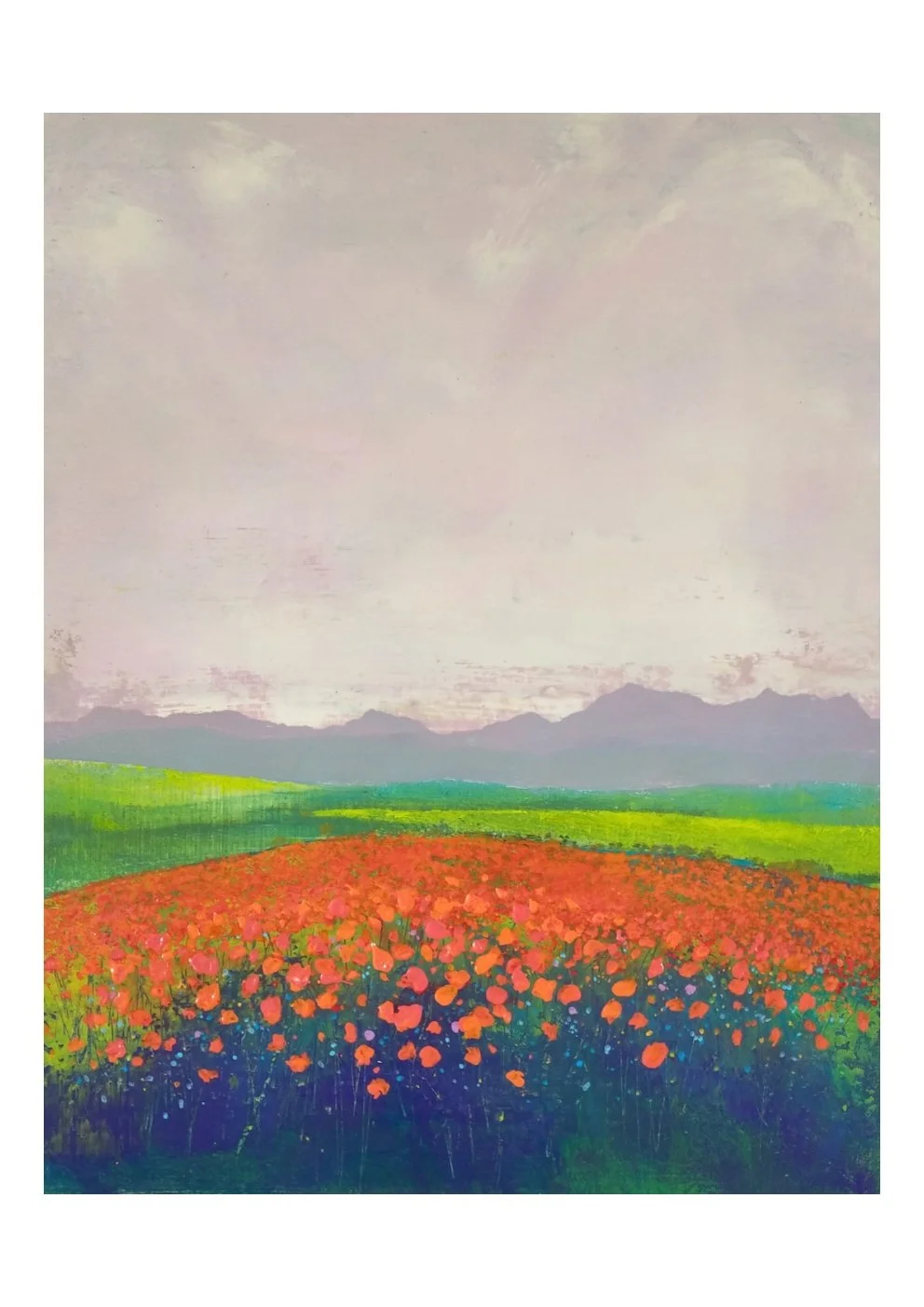 Painting of a colorful flower field with mountains and cloudy sky in the background.