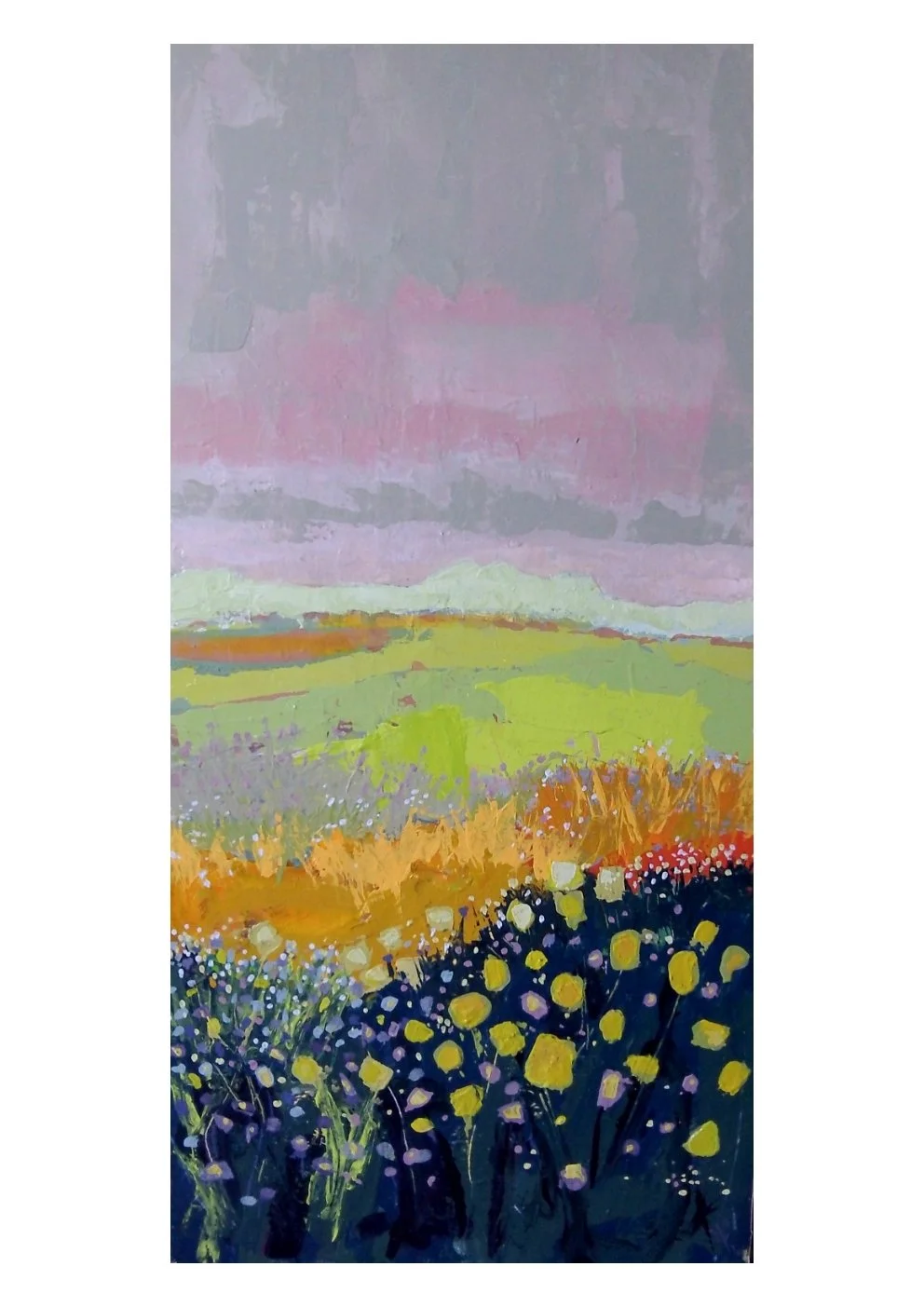 A colorful painting of a landscape with a cloudy sky, rolling green fields, and a vibrant flower field in the foreground.