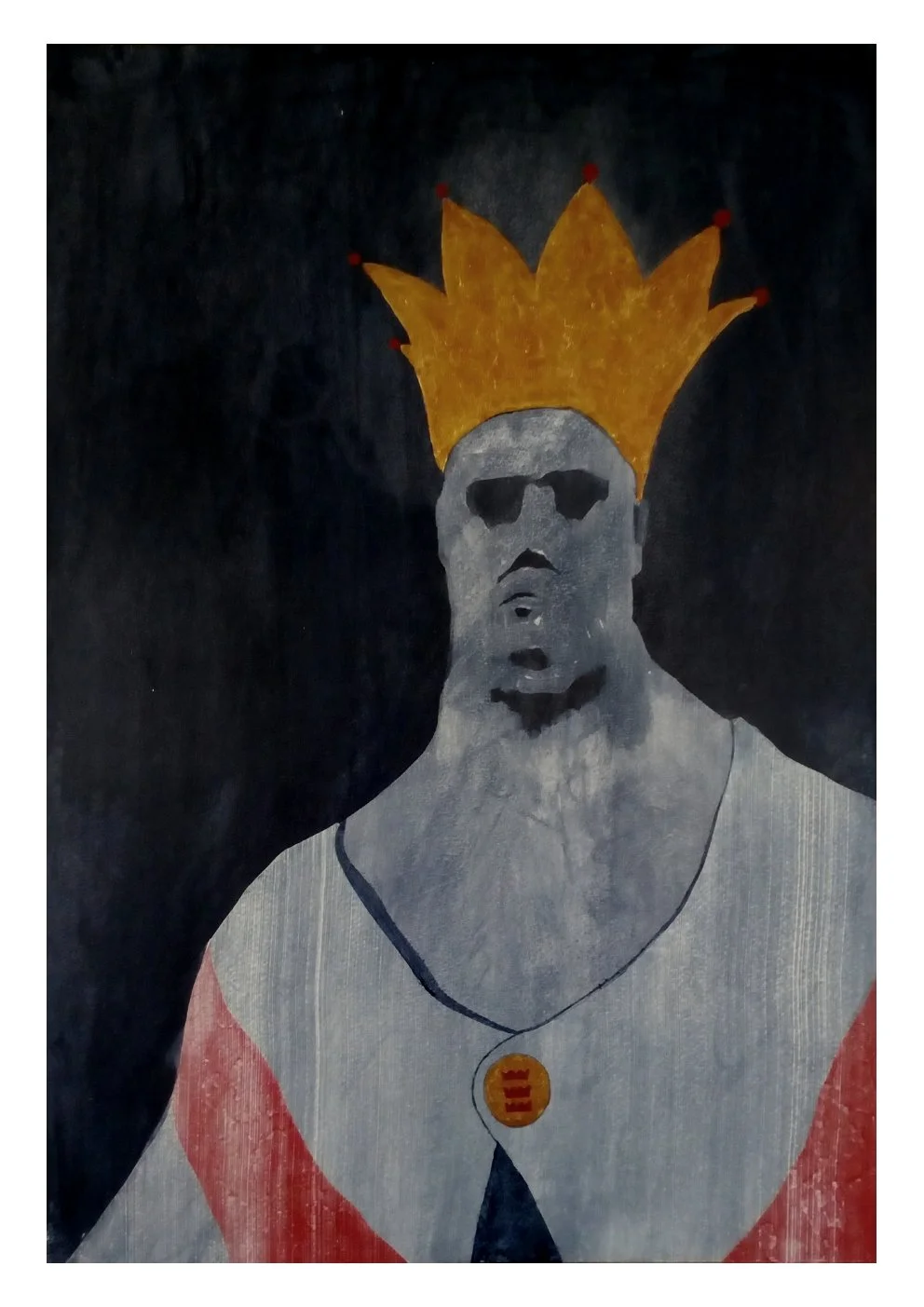 A stylized portrait of a man with a serious expression wearing sunglasses, a crown, and a necklace with a round pendant that has red text, set against a dark background.