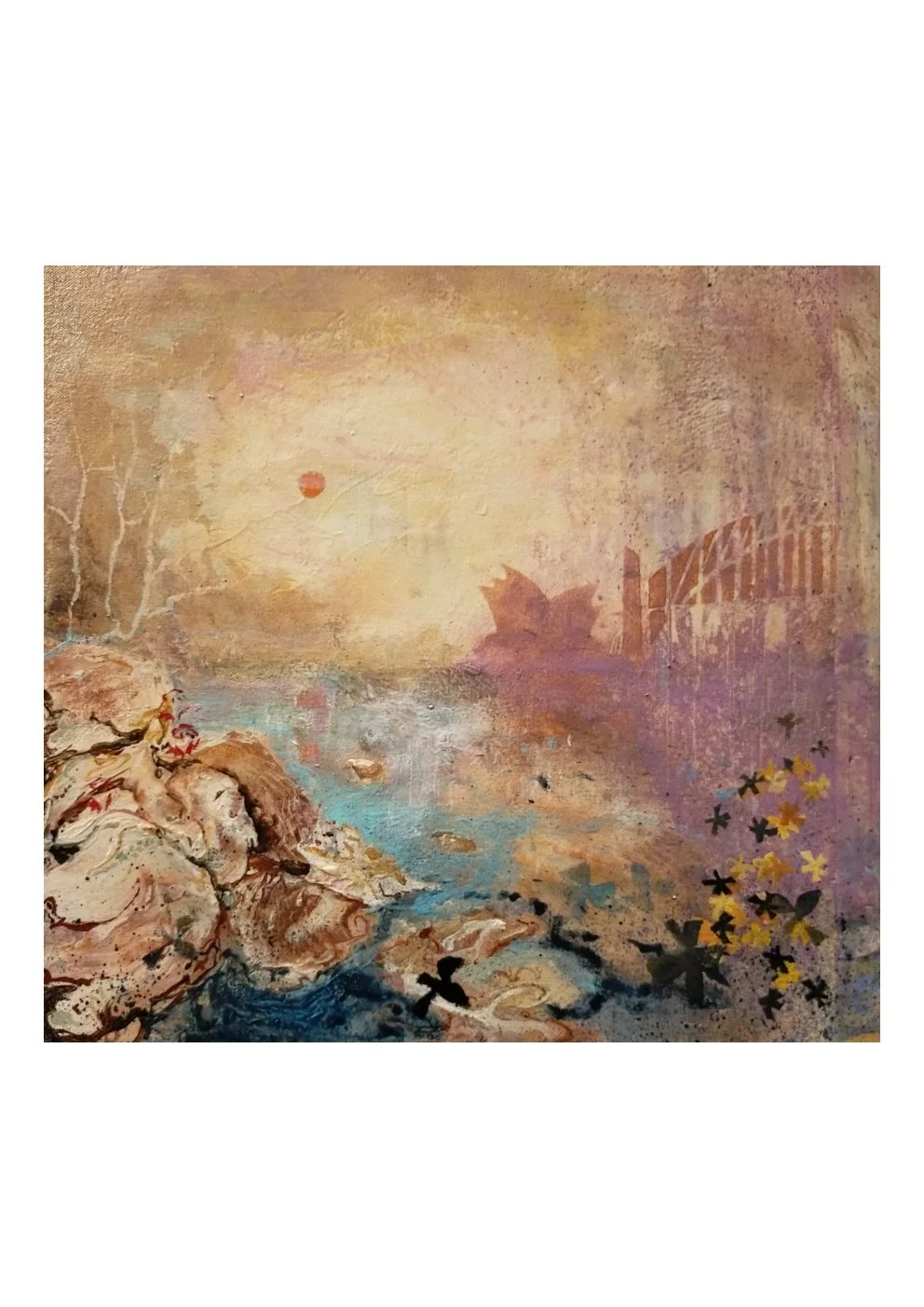 Abstract painting featuring a distant landscape with a rocky shoreline, a body of water, trees, and a large, arched structure in the background, set against a warm, hazy sky with a small red sun or moon and scattered black and yellow birds or butterf