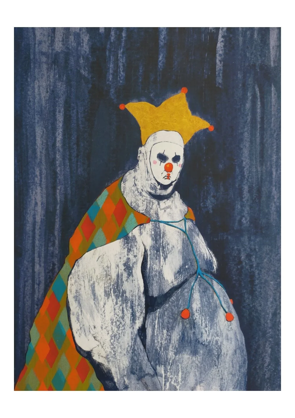 Painting of a clown with a jester hat, red nose, and makeup, wearing a colorful cape and with a dark, textured background.