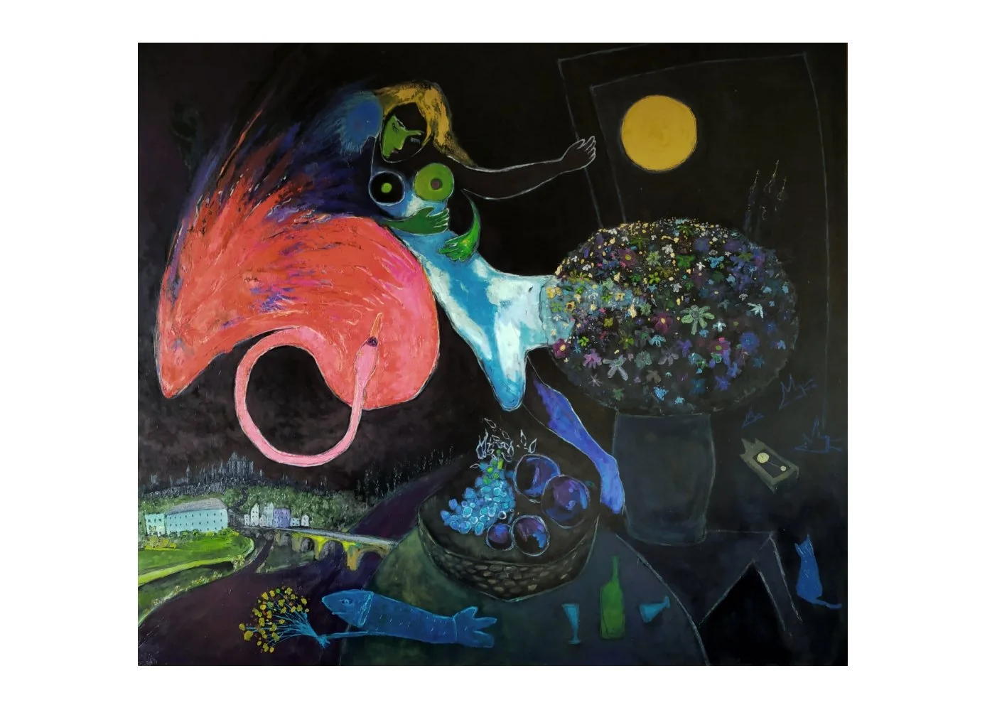 A surreal painting featuring a woman with blonde hair and green face holding herself, standing beside a large flowering plant. There is a blue fish and a bowl of grapes on the table, along with a green bottle and a small yellow object. The background