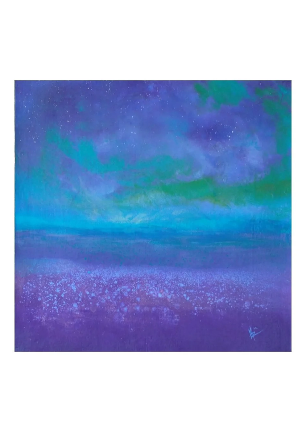 A painting of a night sky with stars, with shades of blue, purple, and green, and a faint silhouette of water or land at the bottom.