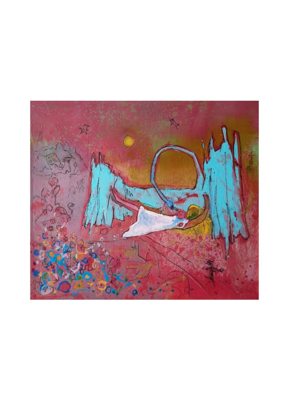 Abstract artwork featuring a sink with blue curtains, a yellow ball, and colorful splatters on a red background with yellow sun and flying insects.