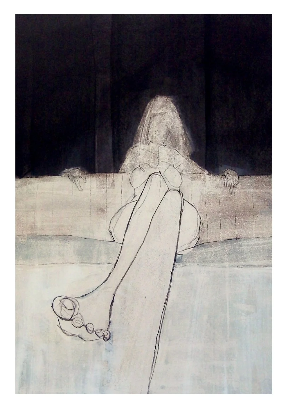 A sketch of a figure sitting at a table, with hands resting on the edge, in front of a dark background.