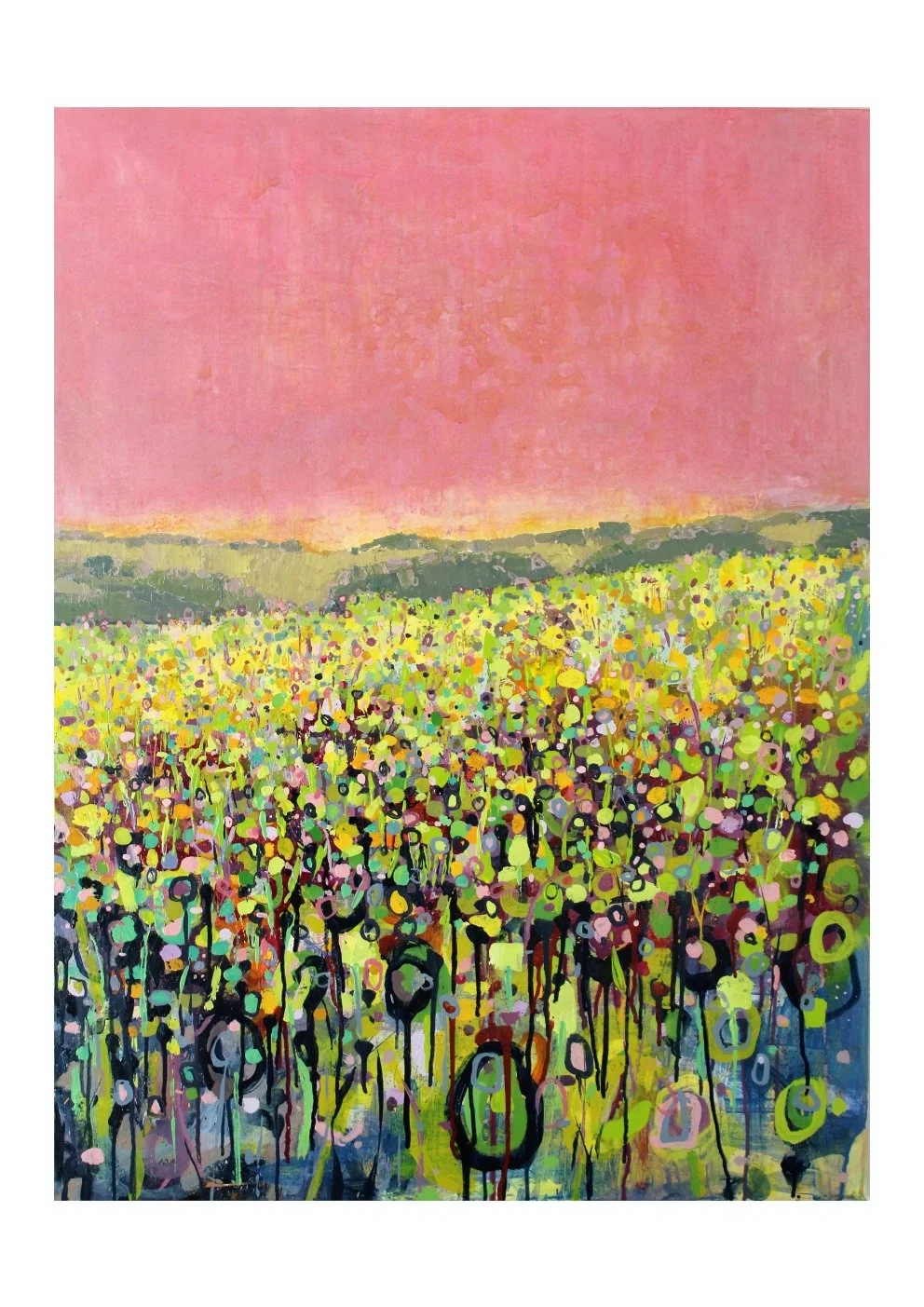 Abstract painting of a colorful field with a pink sky in the background.