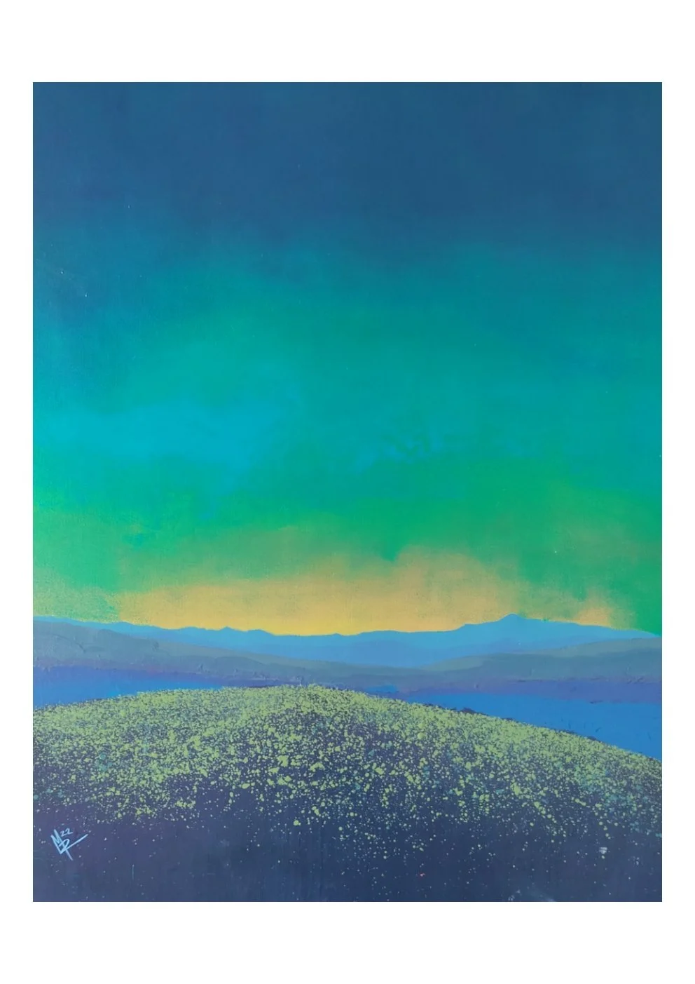 Painting of a landscape with a blue and green sky, distant mountains, and a grassy foreground with yellow specks.