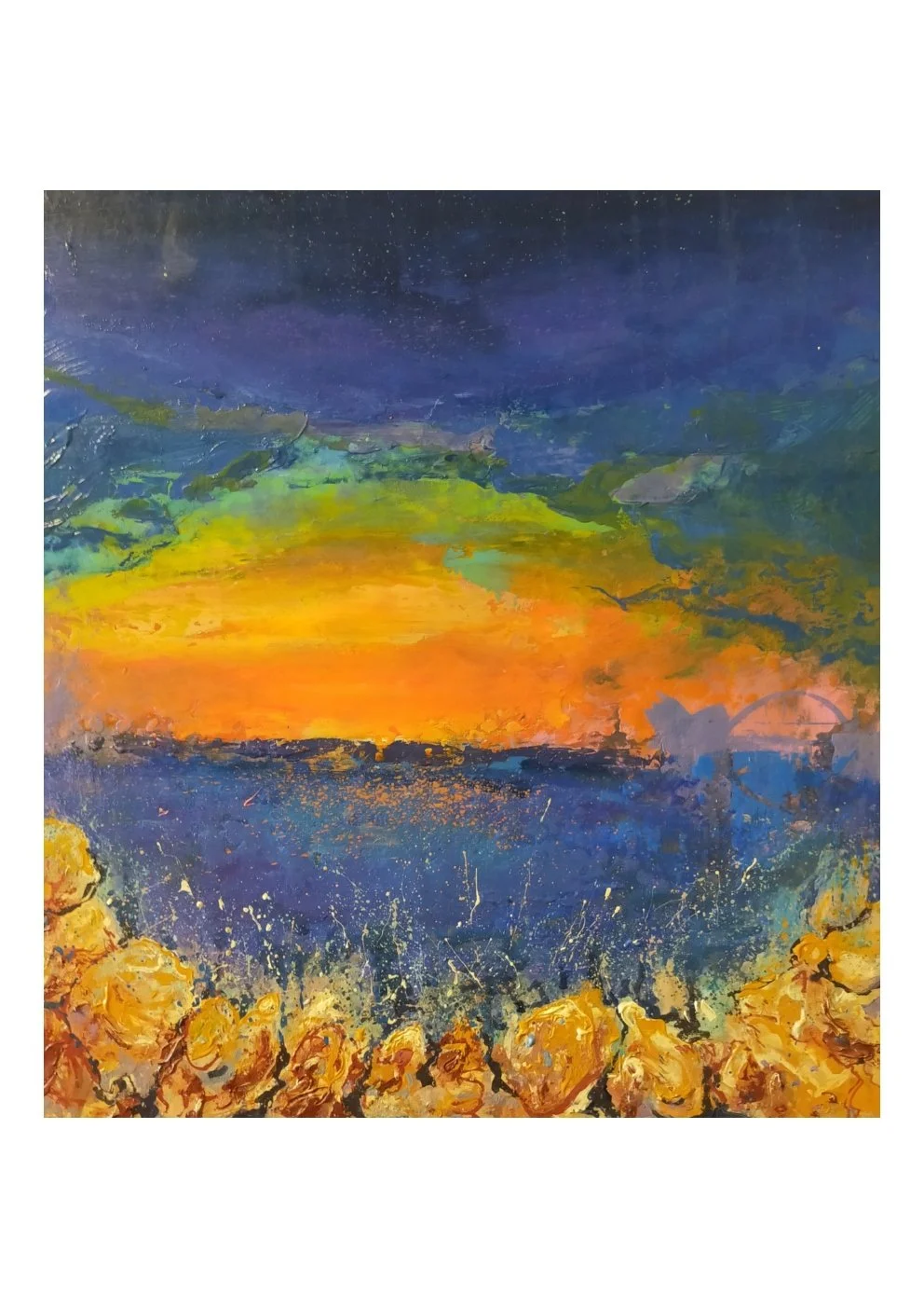 An abstract painting of a sunset over water with yellow, orange, green, blue, and purple hues, including rocks in the foreground.