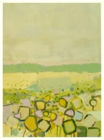 Abstract painting of a field with abstract shapes in yellow, green, purple, and blue colors under a pale sky.