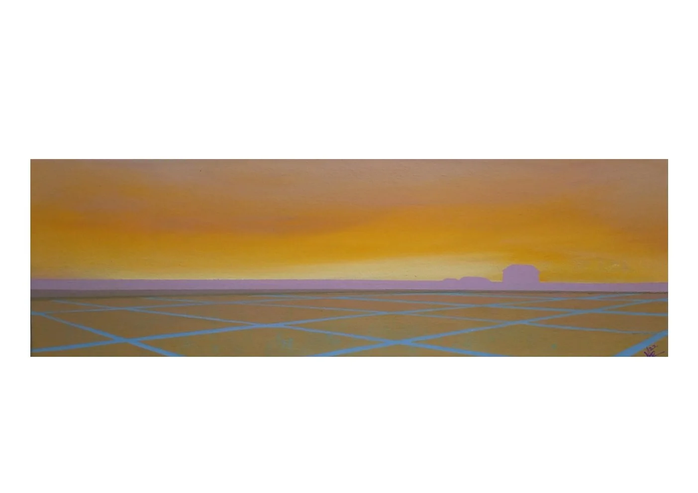 Empty parking lot at sunset with purple and orange sky, distant buildings