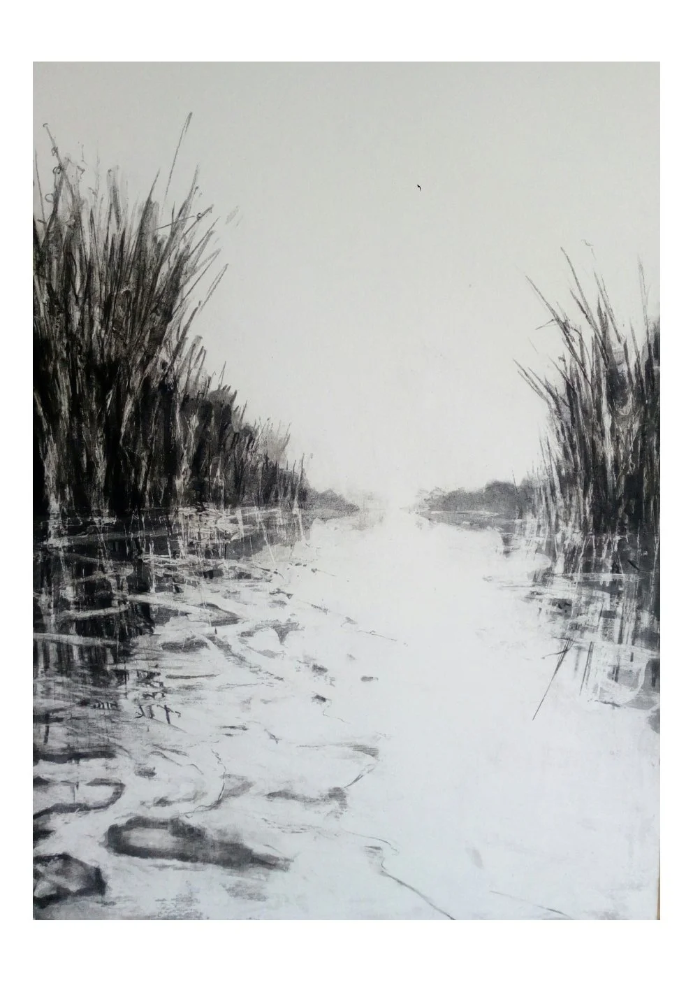 Black and white watercolor painting of a river with tall grass on both sides and reflections in the water.