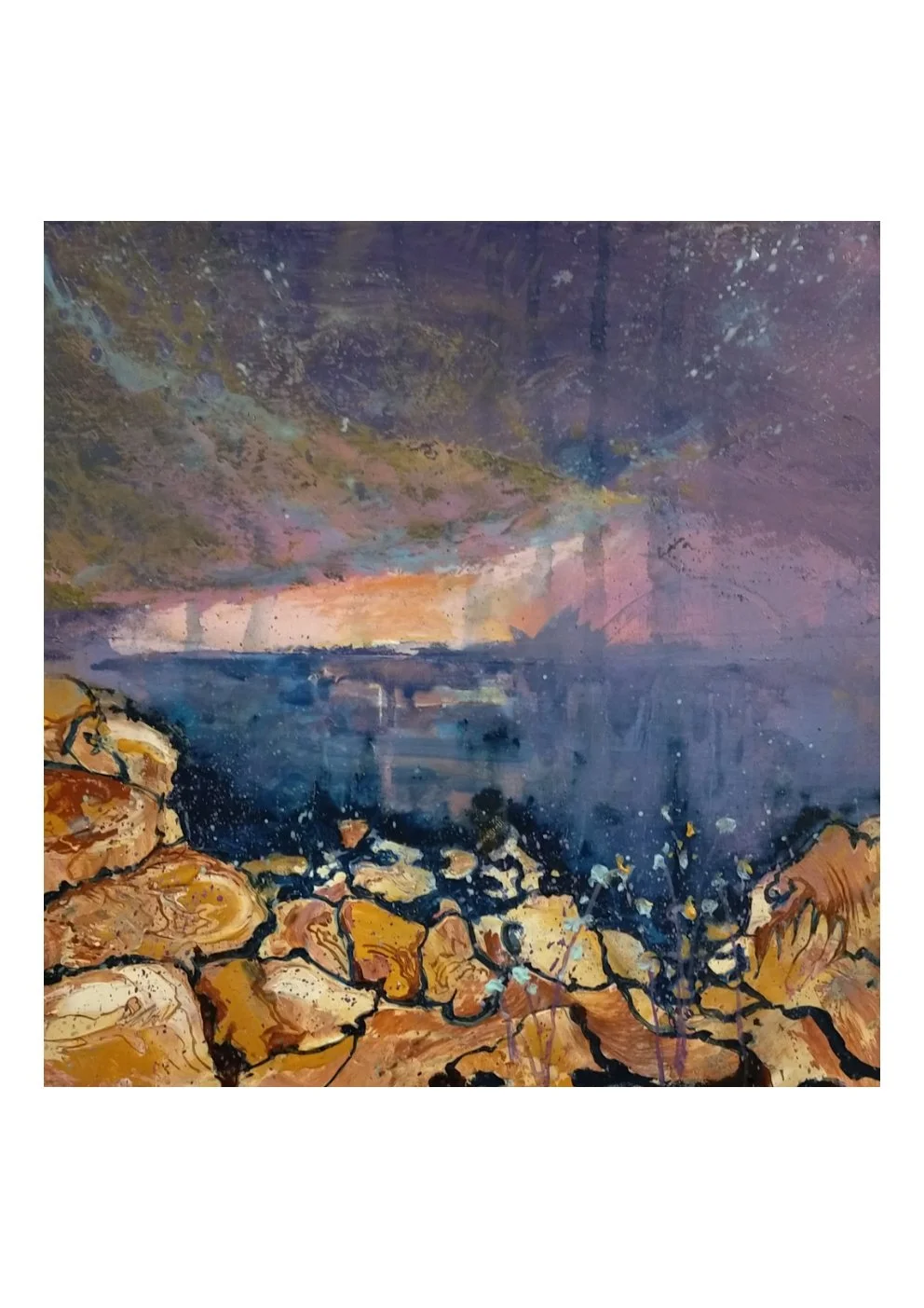 A landscape painting of a rocky shoreline with a body of water under a colorful sky at sunset or sunrise.