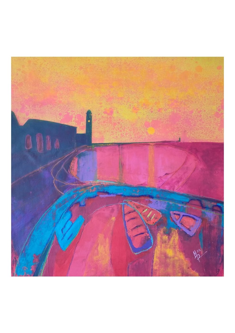 A colorful abstract painting of a cityscape with a waterway, boats, a building, a bridge, and a sunset sky in pink, purple, blue, yellow, and orange hues.