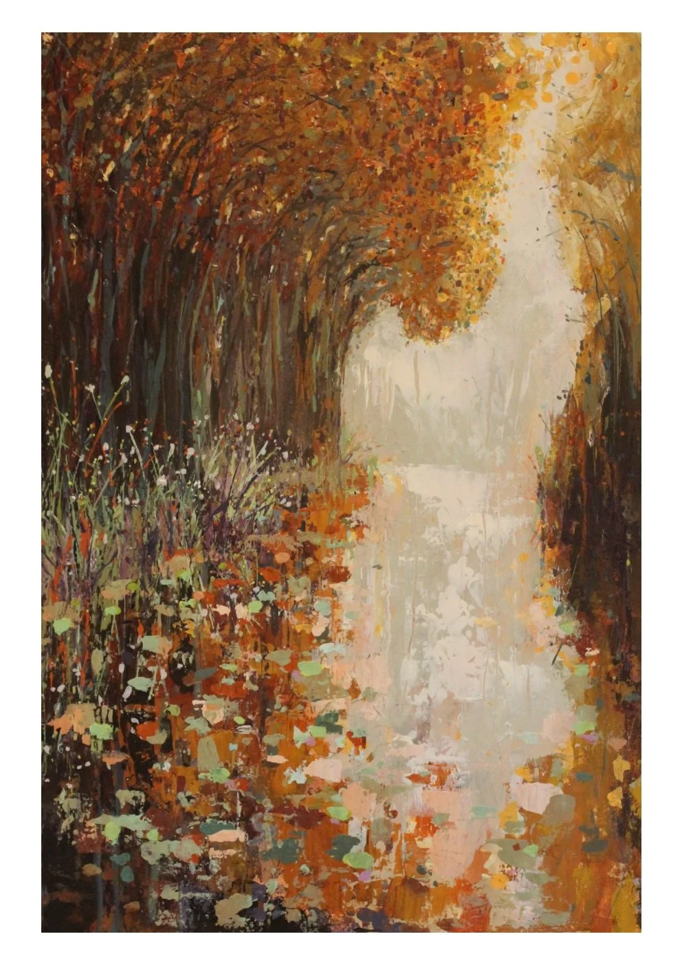 Autumn landscape painting of a pathway through a forest with colorful fall leaves and their reflections on a water surface.