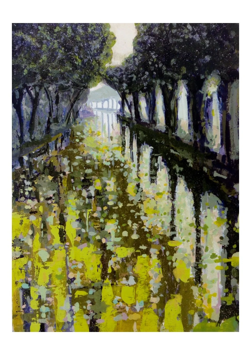 Watercolor painting of a pathway lined with trees on both sides, reflecting in a puddle, with a bridge or structure in the background.