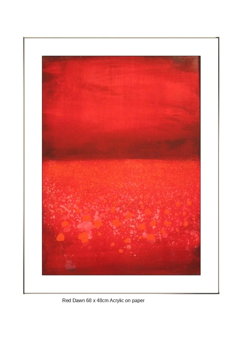 Abstract red-themed acrylic painting with a gradient background and scattered dot pattern