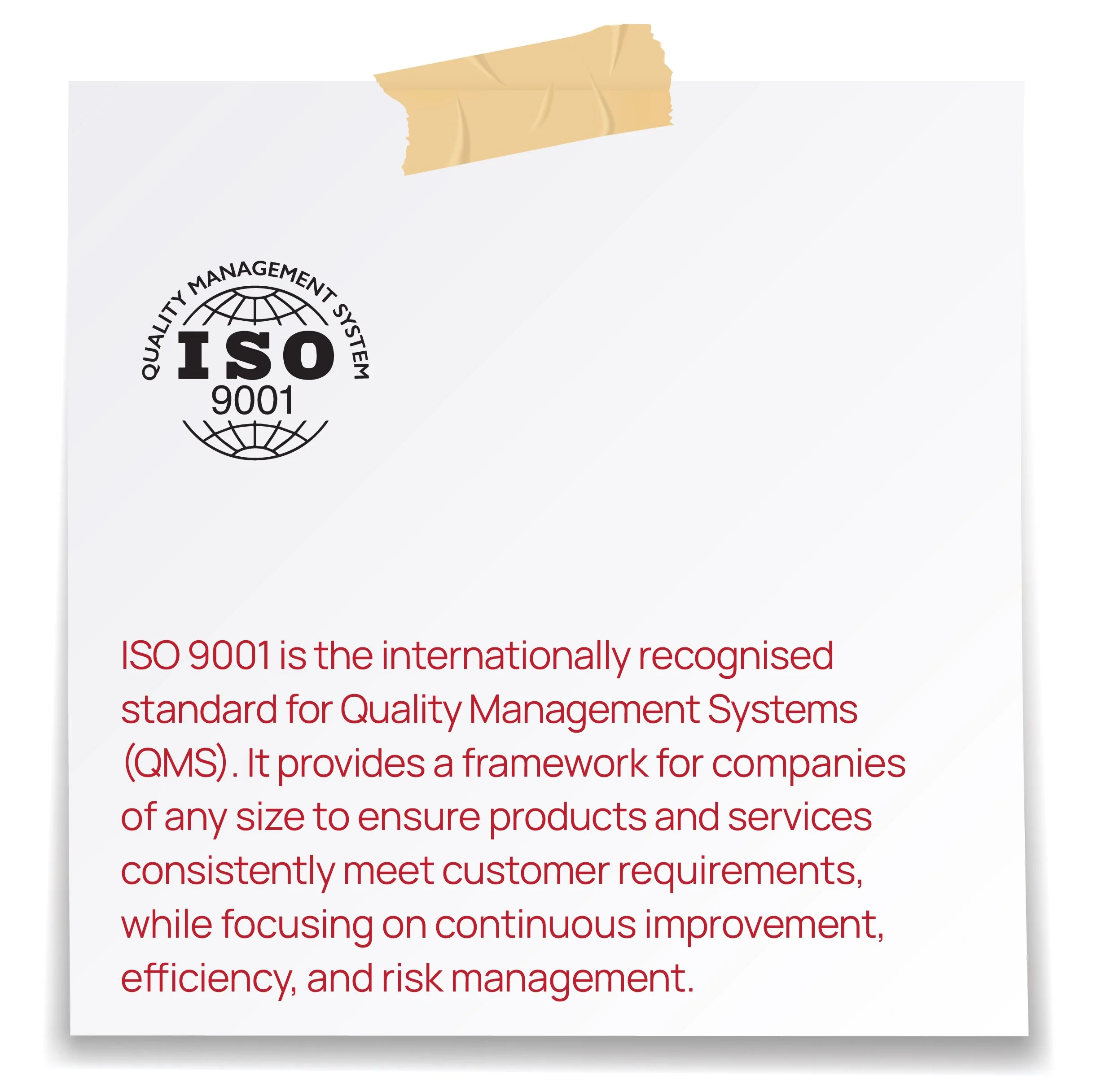 Close-up of a document with the ISO 9001 quality management system logo and red text beginning about ISO 9001 standards.