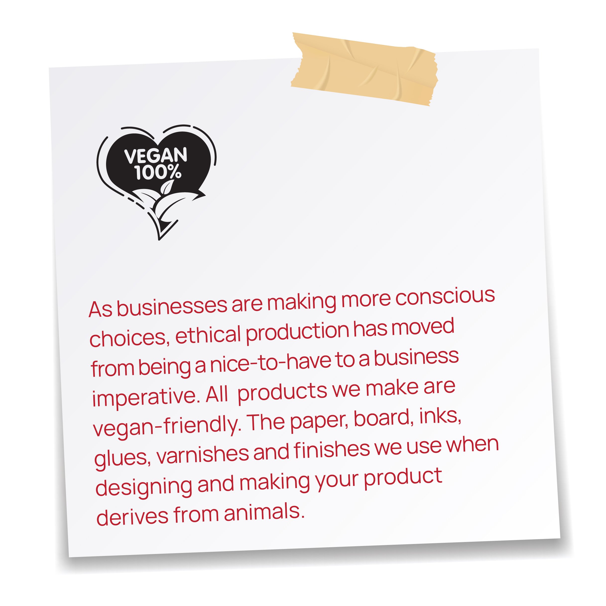 Close-up of a white paper or booklet with a black heart-shaped logo and the words "VEGAN 100%" inside the heart. The document has some red text and is taped at the top with beige tape.