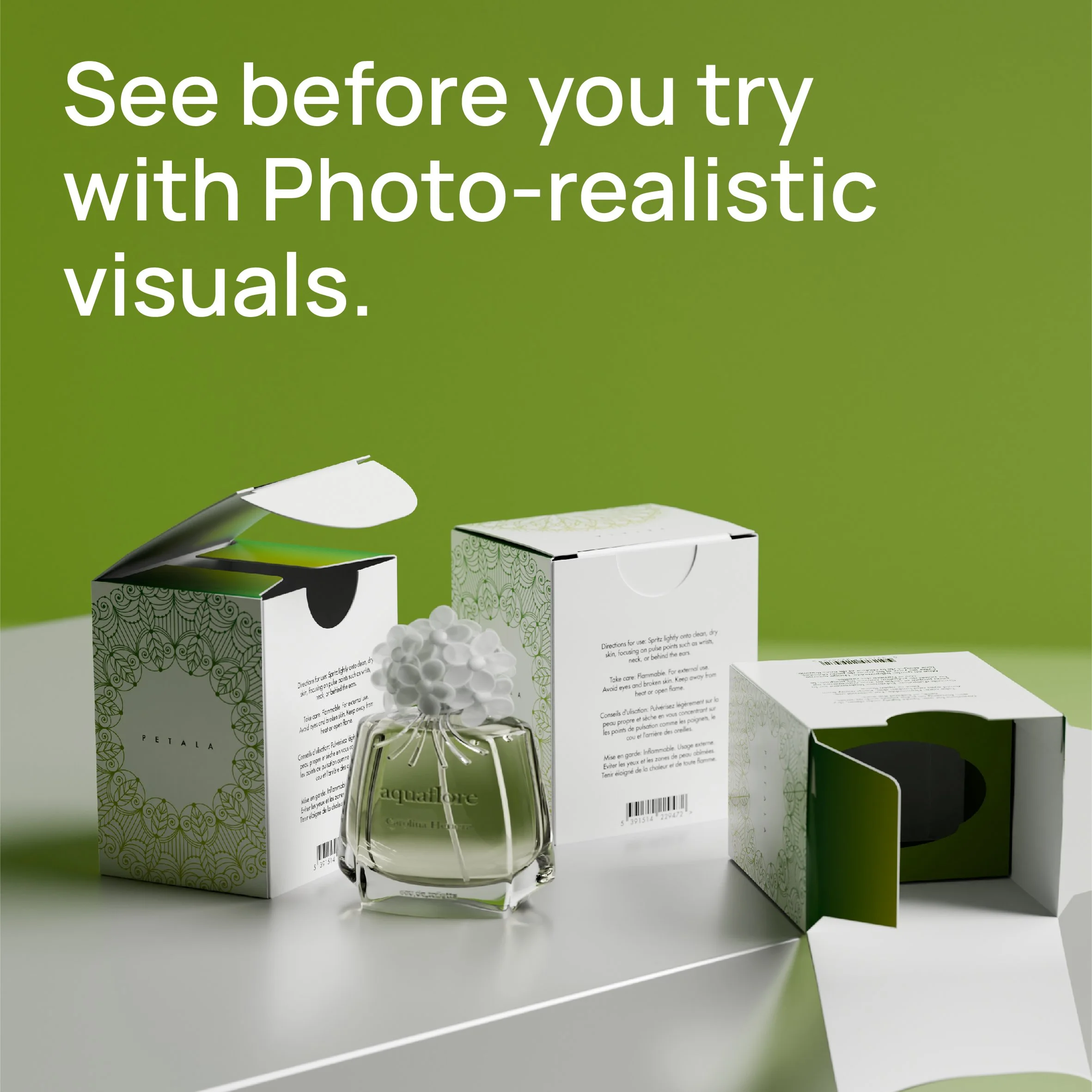 A collection of skincare or cosmetic boxes with detailed patterns, a glass bottle with a rounded cap, and a white sheet of paper with instructions on how to use a spritz light cap bottle.