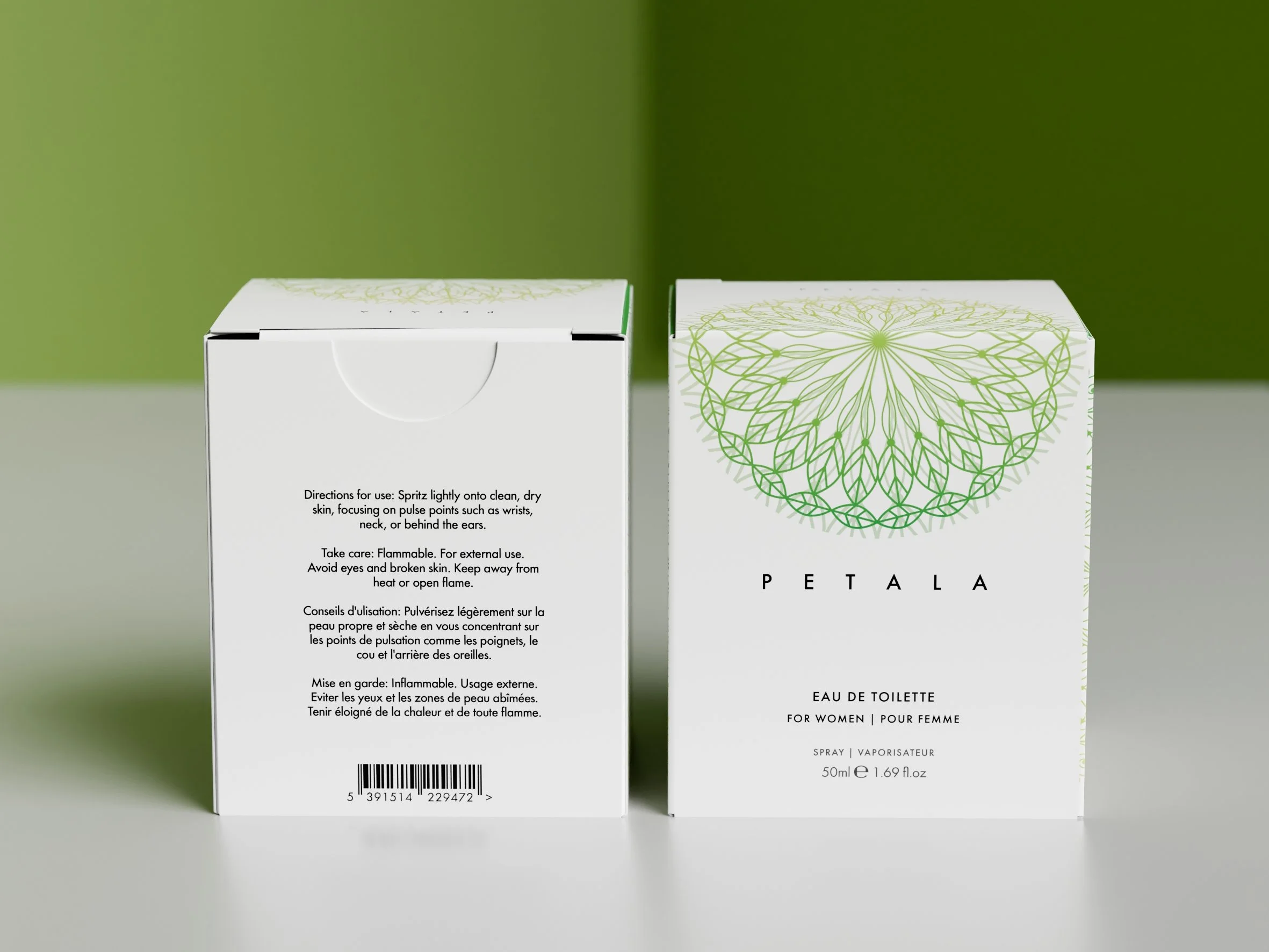 Two perfume boxes with artistic green designs on white packaging, one with instructions and the other labeled 'Petala' and 'Eau de Toilette for Women,' placed against a green wall.
