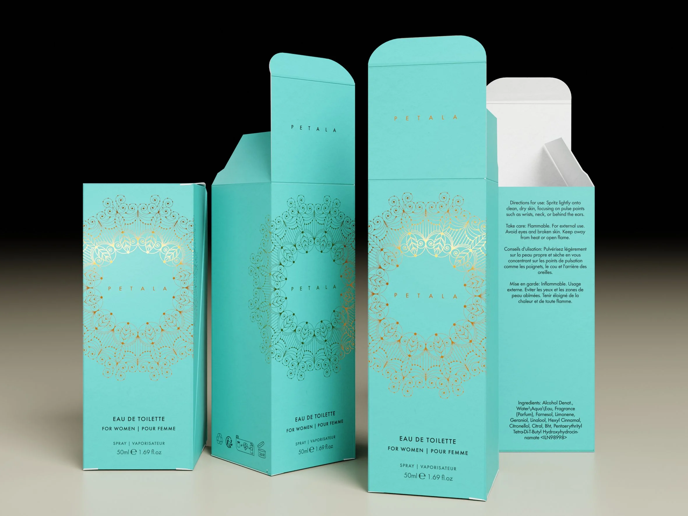 Four light blue perfume boxes with gold and black decorative designs, labeled "Petala Eau de Toilette for Women" in black text, arranged on a gradient background. Carton packaging produced by Windles Packaging.