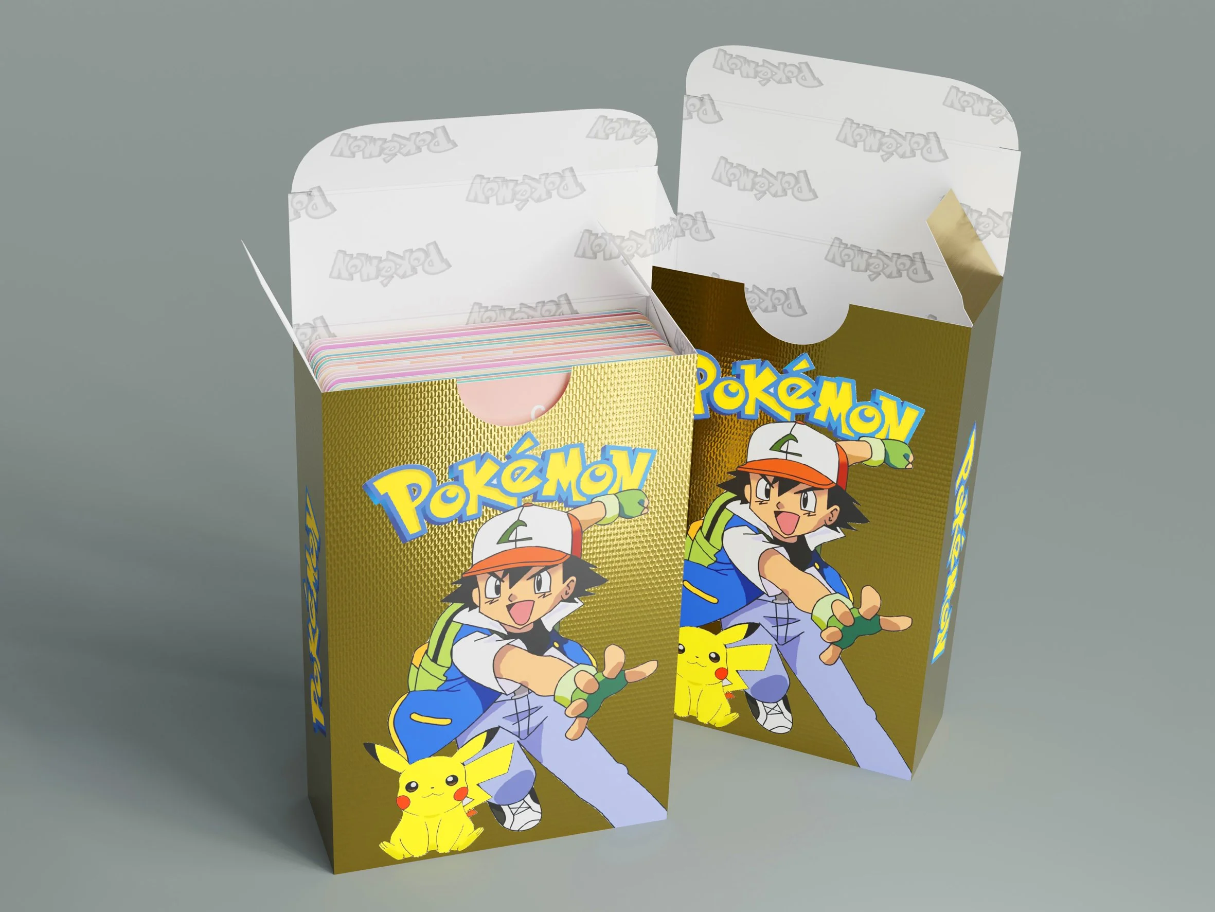 An open Pokémon trading card booster box featuring artwork of Ash Ketchum and Pikachu on the front.