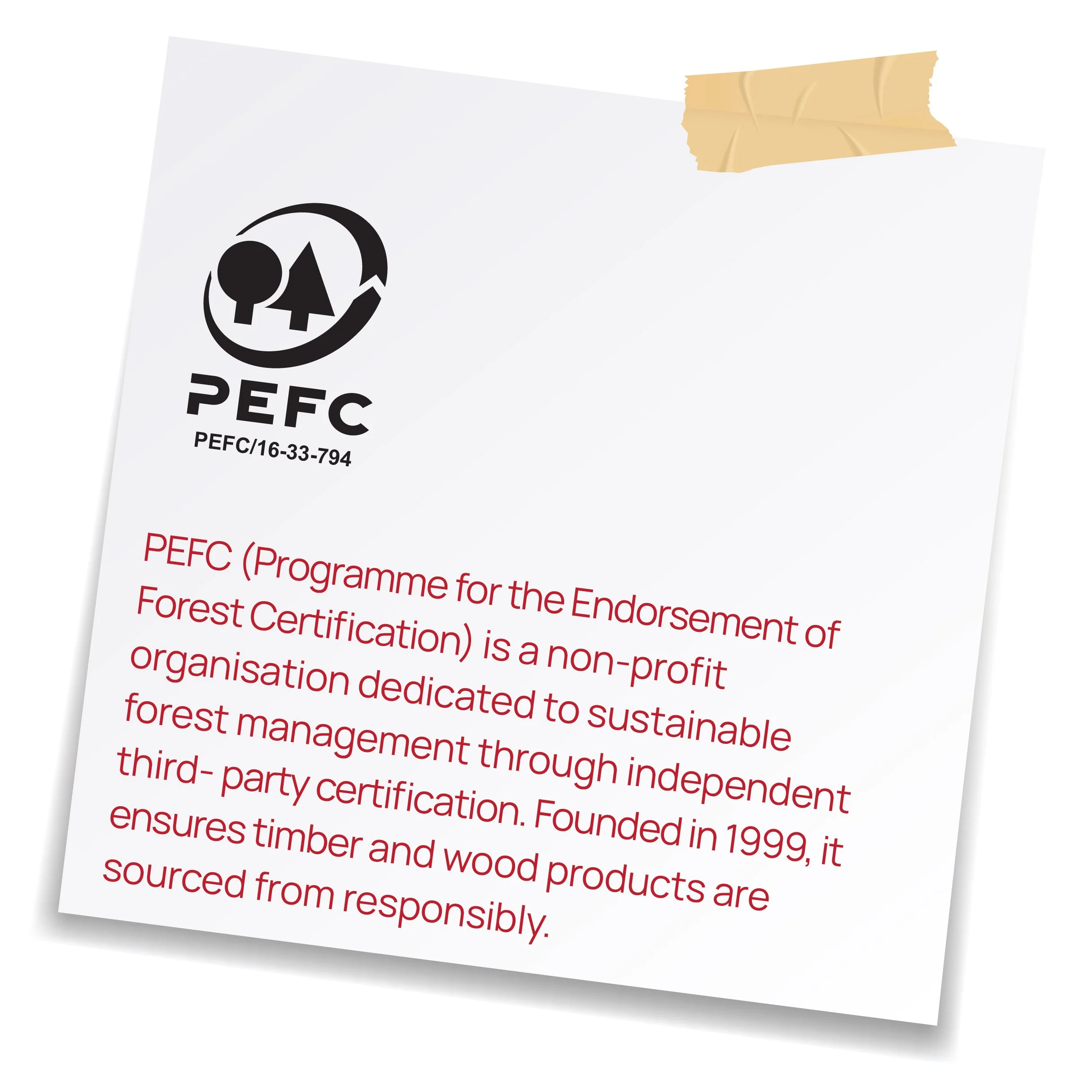 Close-up of a forest certification document with the PEFC logo, featuring two stylized trees inside a circle, and red text discussing the PEFC program for the Endorsement of Forest Certification.