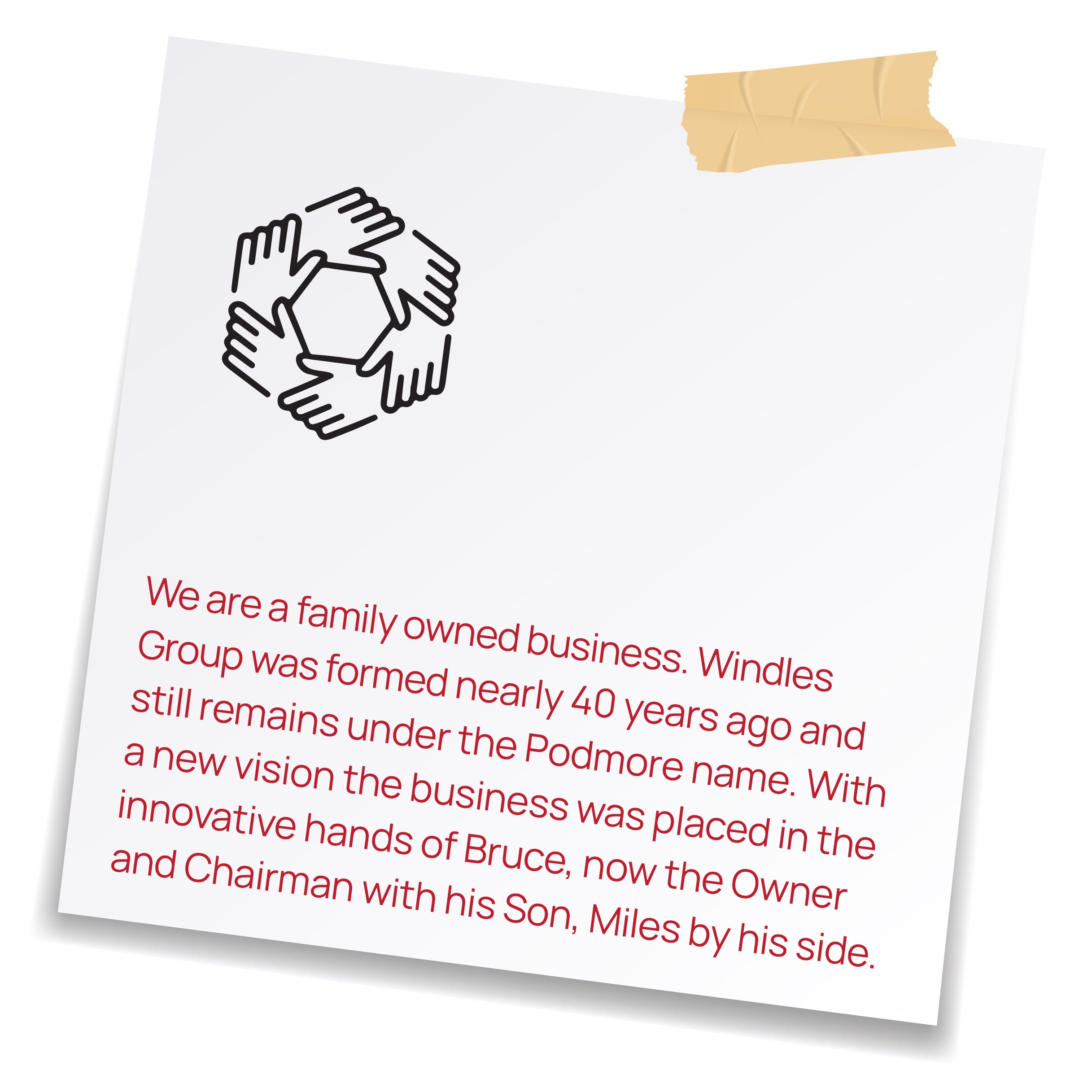 Part of a document with a black outline of hands forming a house shape inside a circle. The paper has a slight 3D tilt and partial text visible in red.