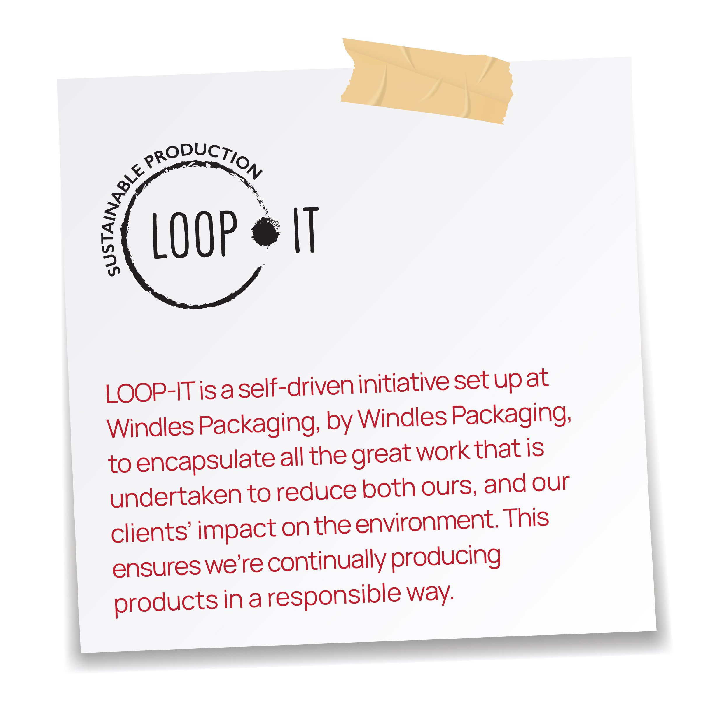 Close-up of a white paper with black and red printed text, attached with beige tape at the top, slightly tilted.