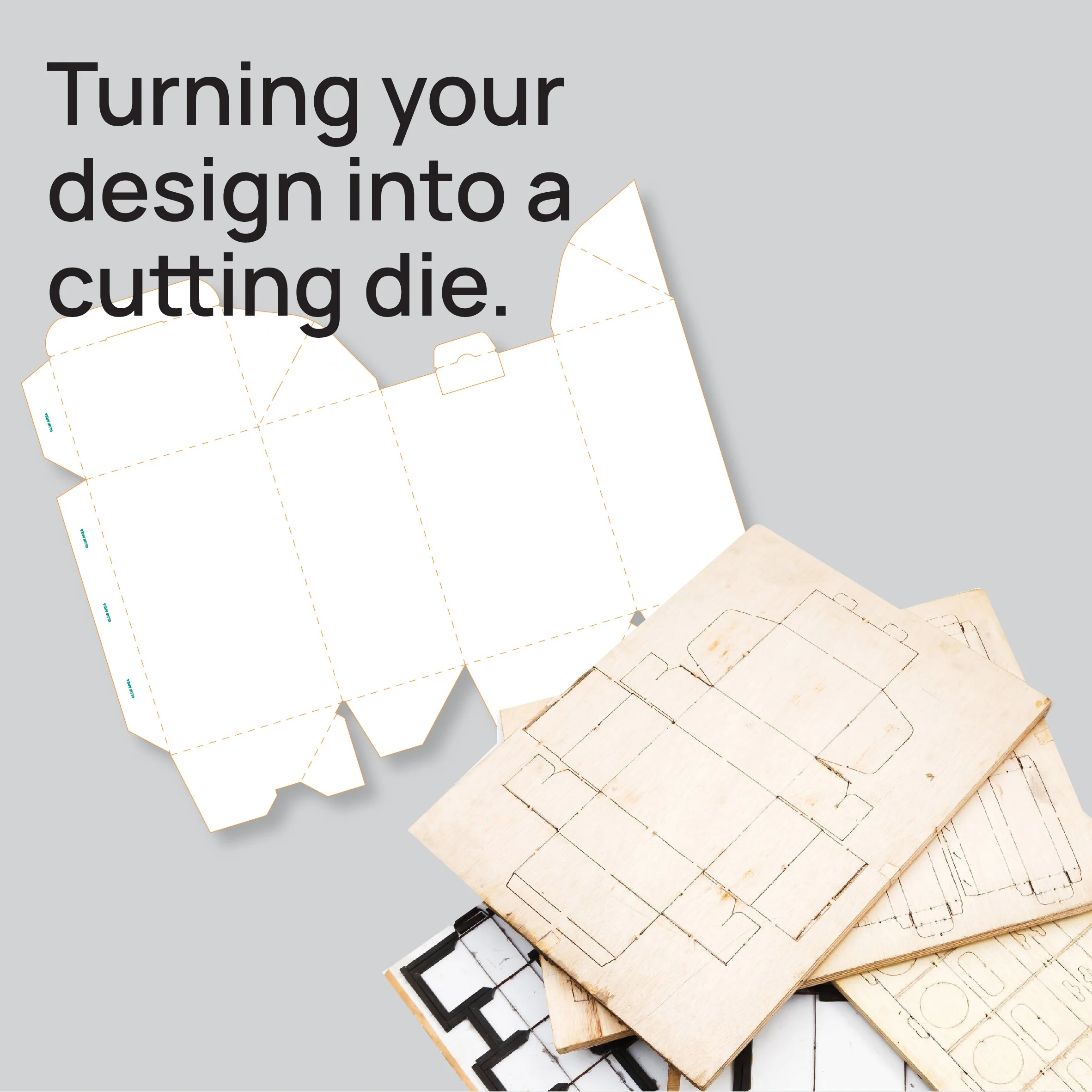 A stack of wooden sheets with cutout shapes, dental trays, and layered paper patterns on a light gray background.
