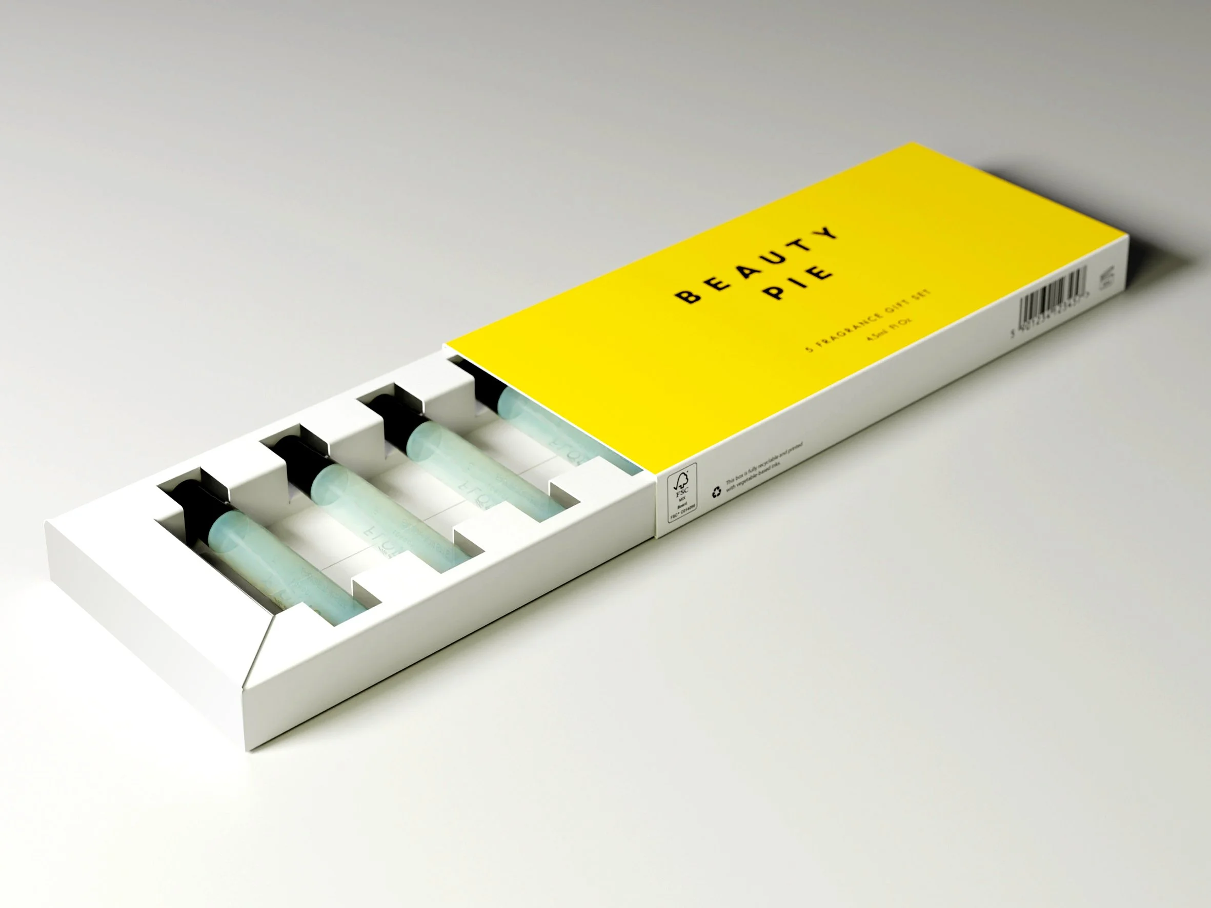 A box labeled 'BEAUTY PIE' containing several blue-green capsules or pills arranged neatly inside.