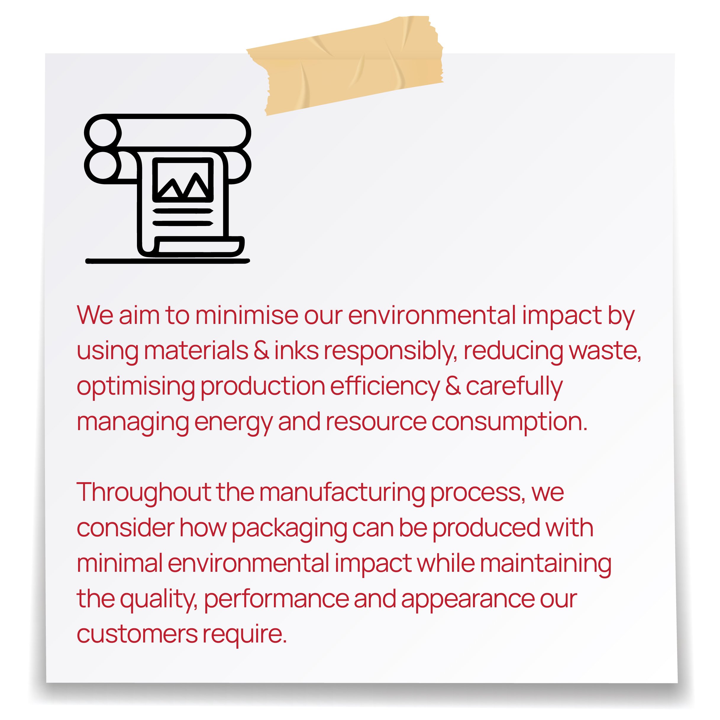 Text on a wall or presentation slide discussing minimizing environmental impact by using materials and inks responsibly, reducing waste, and optimizing production efficiency.