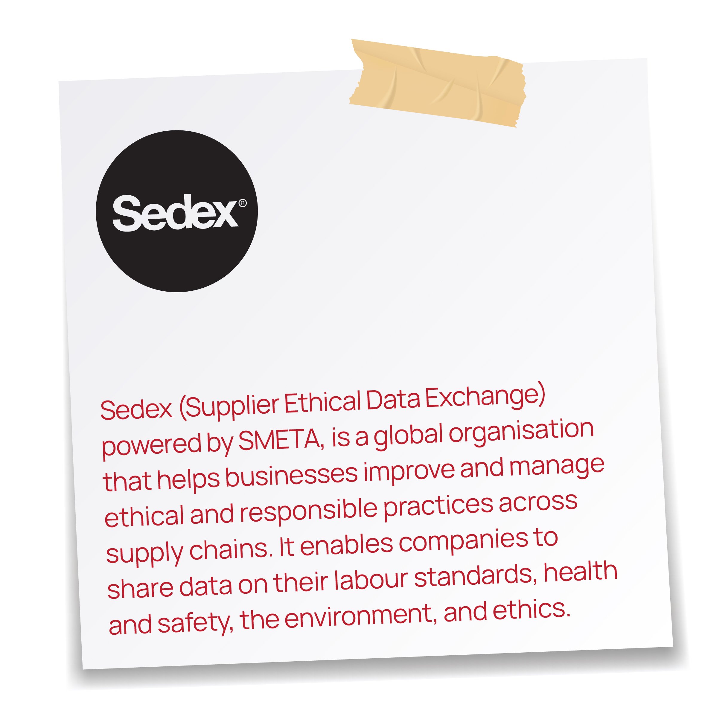 Close-up of a white paper or card with black and red text, featuring the Sedex logo, which is a solid black circle with the word 'Sedex' in white, and a piece of beige tape at the top.