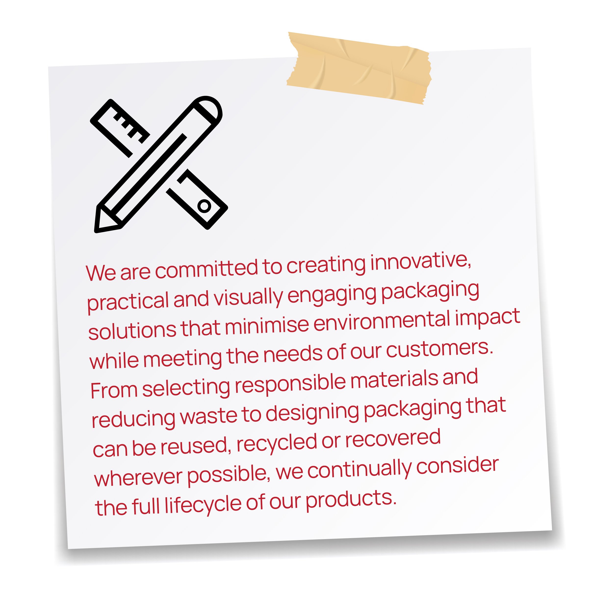 A paper with a black outline drawing of a pencil and ruler taped to it, and red text on the paper.