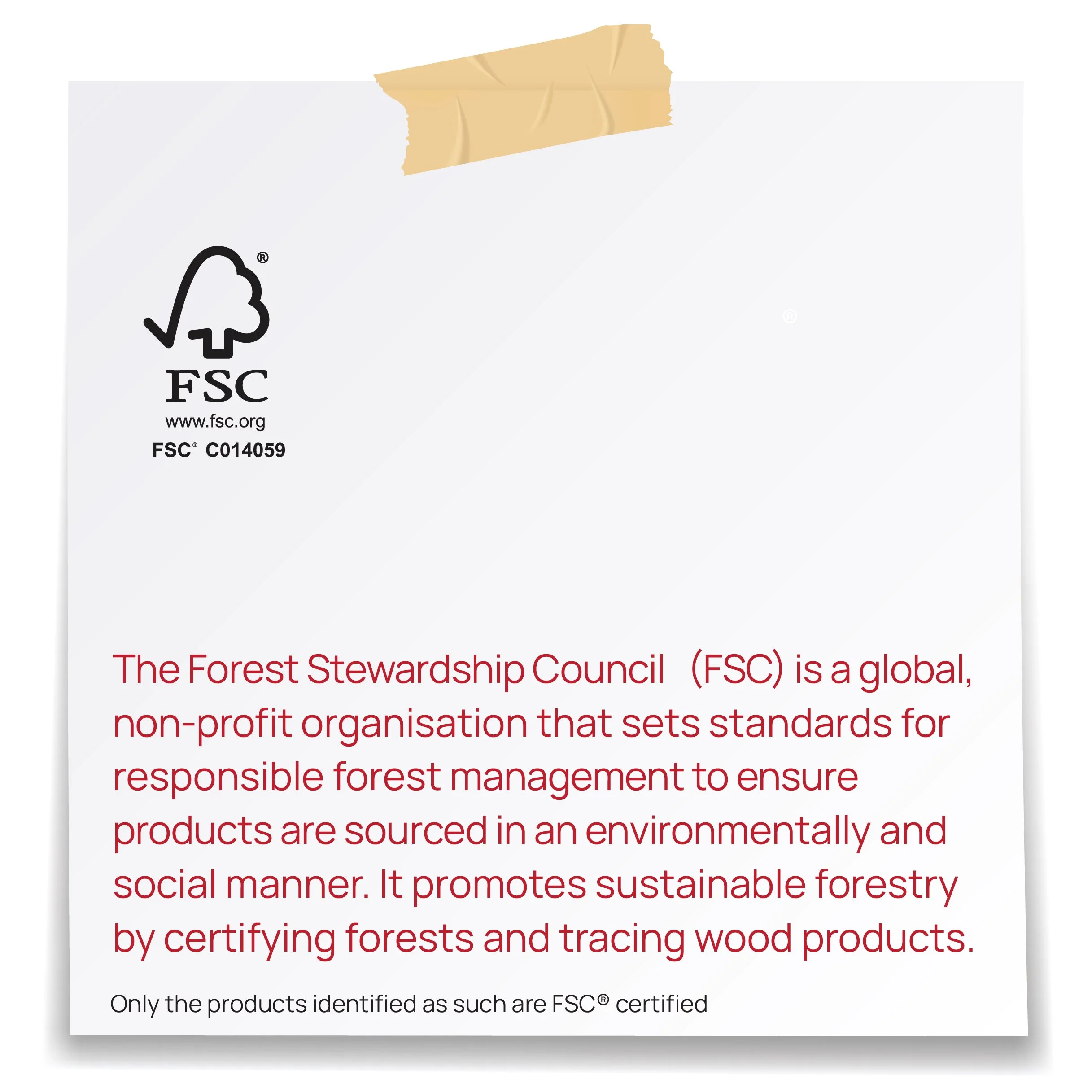 Close-up of FSC certified wood products packaging with text about forest stewardship council standards.