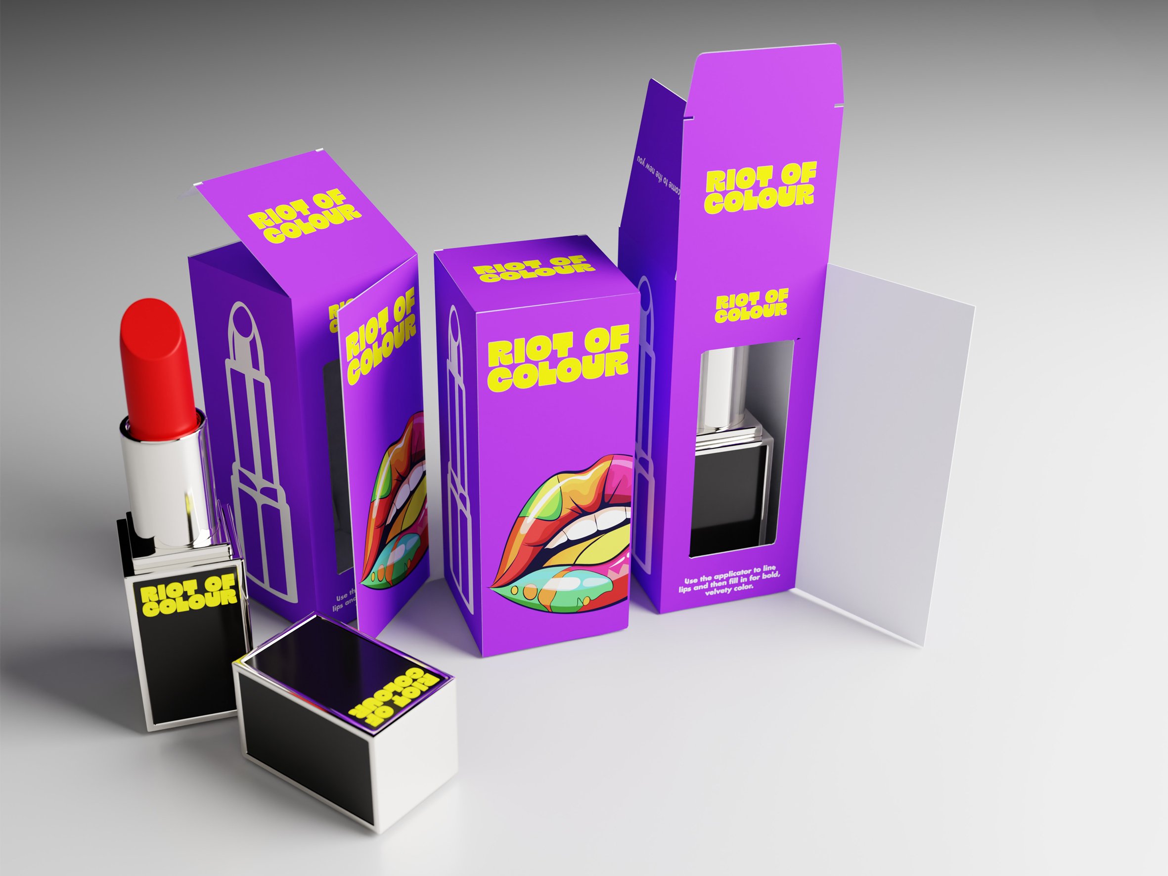 Various makeup and beauty products with purple packaging labeled 'Riot of Colour', different lipstick shades displayed, and a mirror. Carton packaging produced by Windles Packaging.