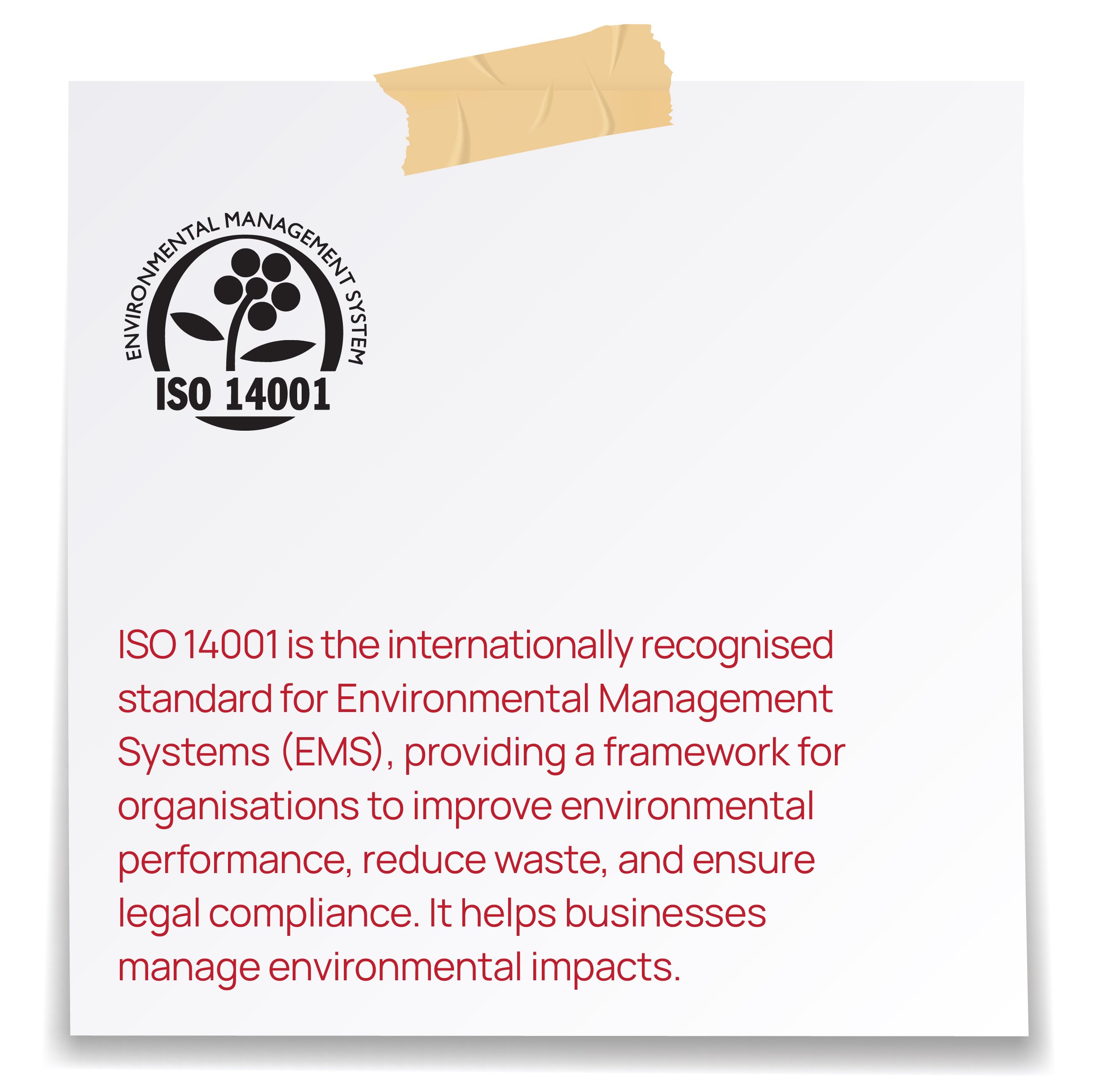 Part of a document displaying the ISO 14001 environmental management system logo with a plant symbol, and below, a paragraph of text explaining ISO 14001 as an international standard for environmental management.