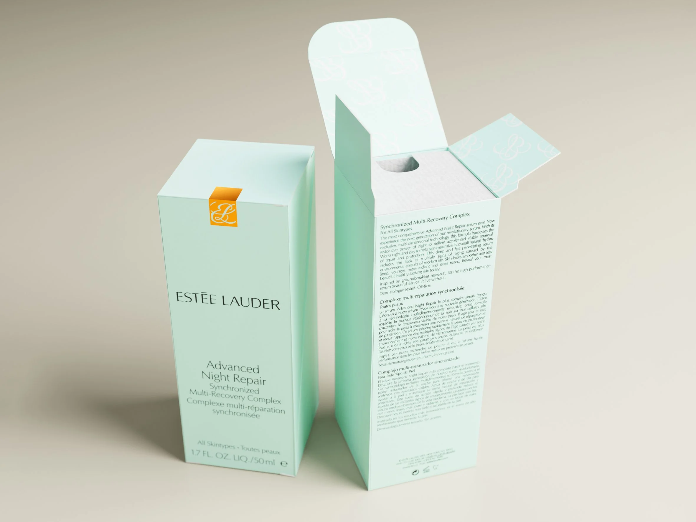 Open skincare product box by Estee Lauder with light blue packaging and product description printed on the side. Carton packaging produced by Windles Packaging.