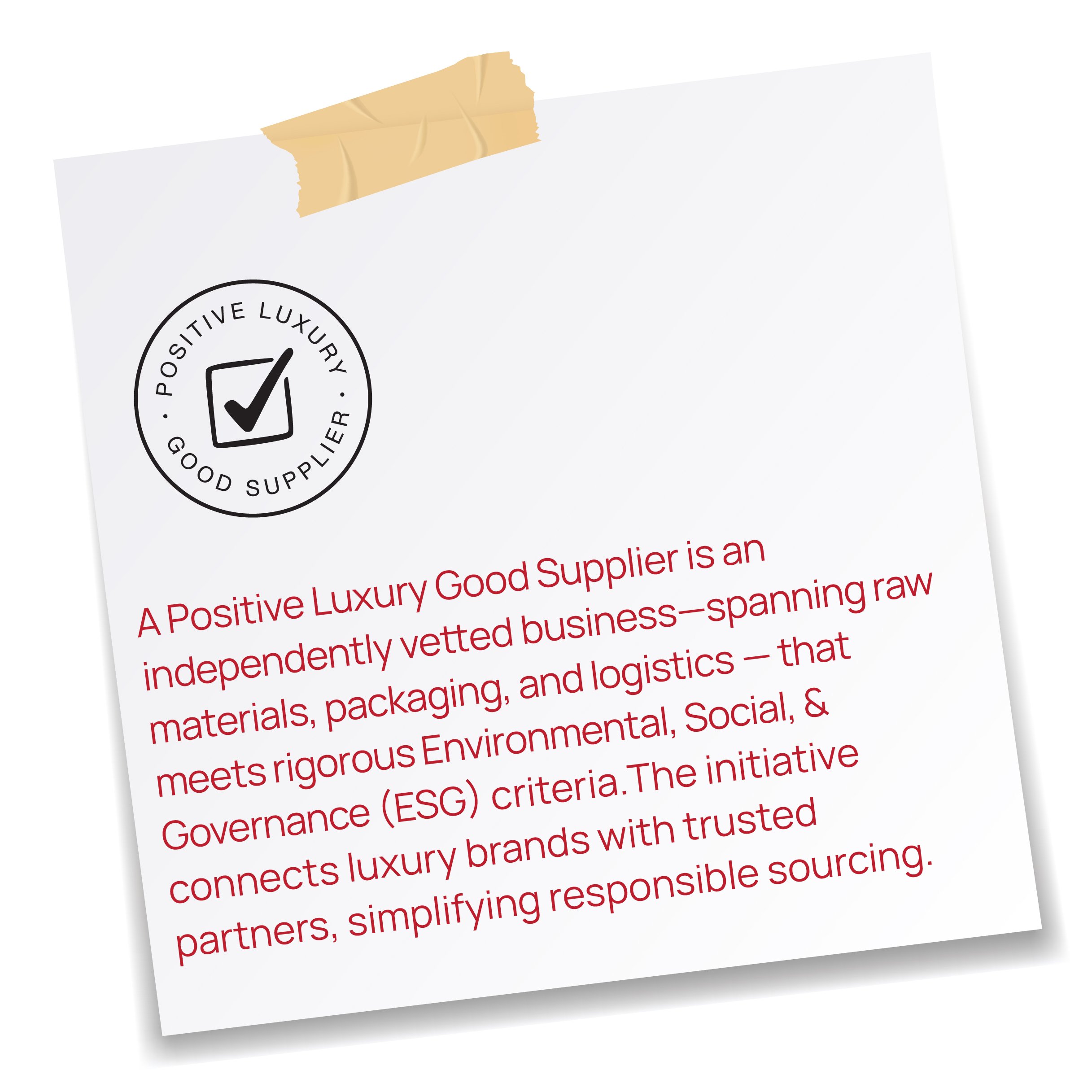 Close-up of a document with a logo that includes a checkmark inside a box, encircled by the words 'Positive Luxury Good Supplier'.