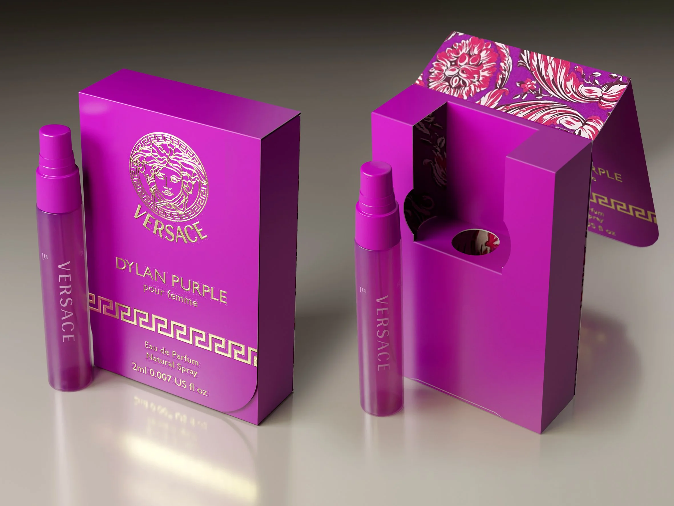 Purple Versace Dylan Purple perfume box with a Versace logo and a pink lipstick-shaped perfume bottle outside the box.