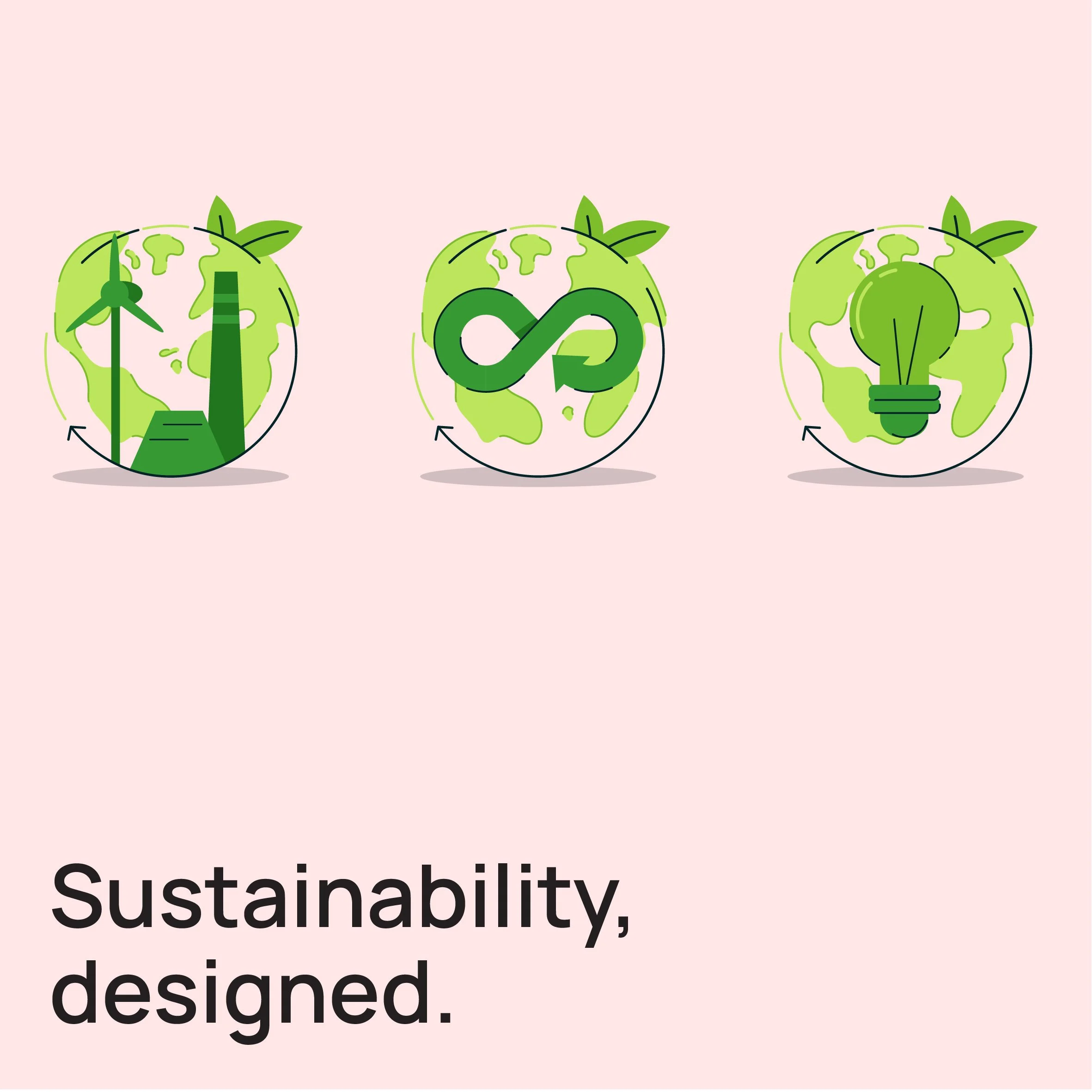 Illustration of three globes featuring sustainability symbols: a wind turbine, recycling arrows, and a lightbulb, emphasizing environmental awareness.
